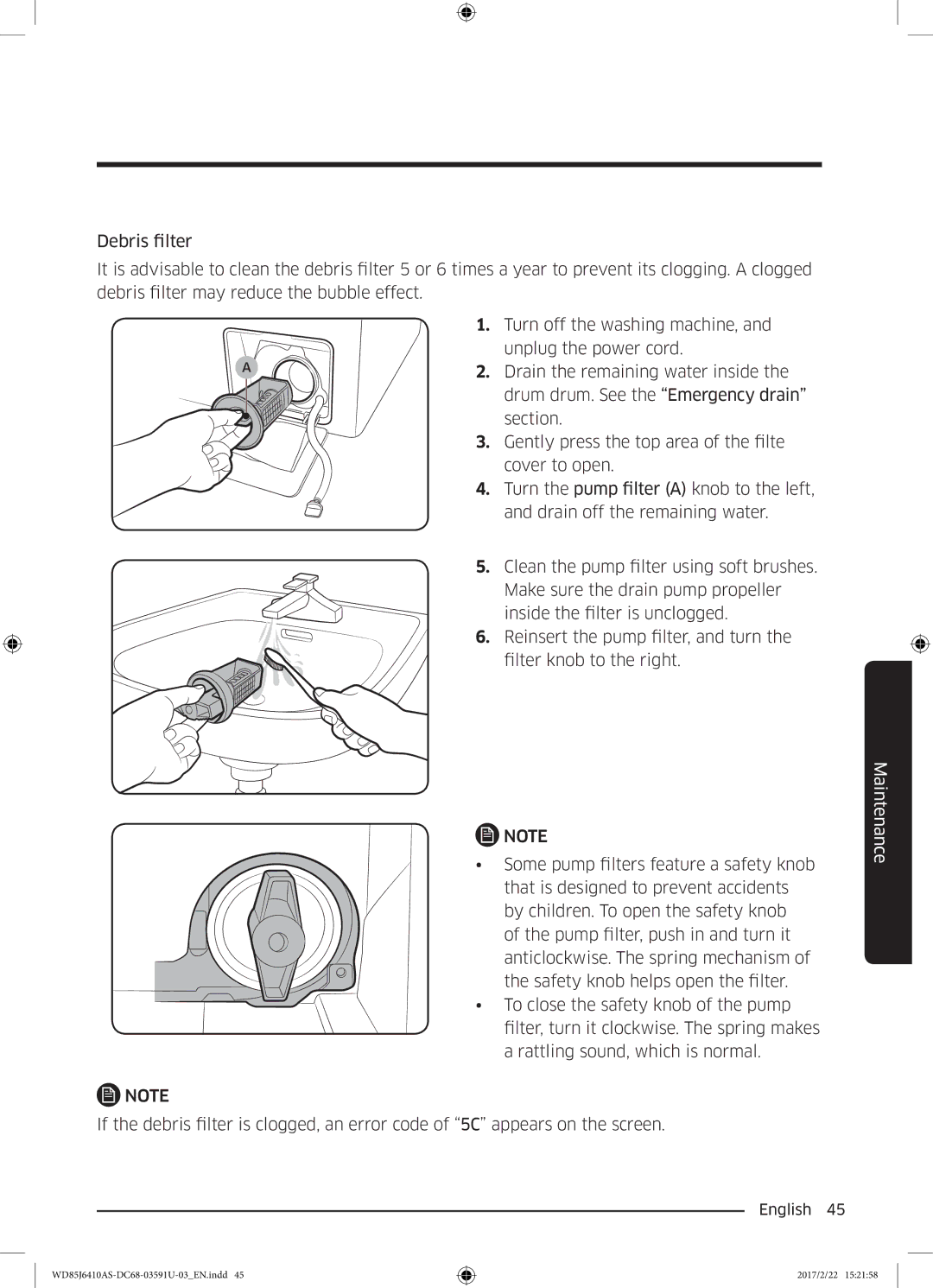 Samsung WD75J6410AW/YL, WD85J6410AS/YL manual Maintenance 