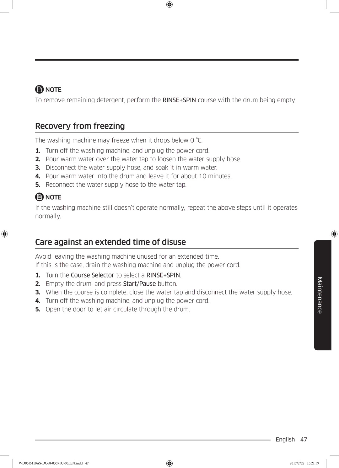 Samsung WD75J6410AW/YL, WD85J6410AS/YL manual Recovery from freezing, Care against an extended time of disuse 