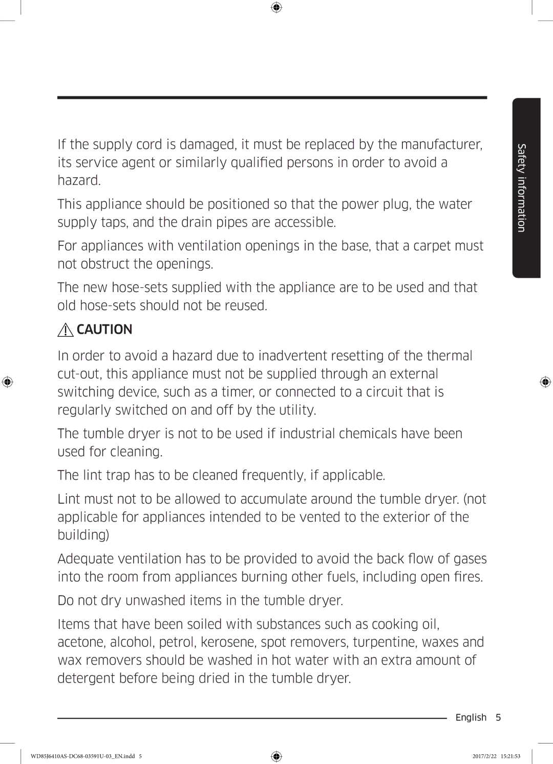 Samsung WD75J6410AW/YL, WD85J6410AS/YL manual Safety information 