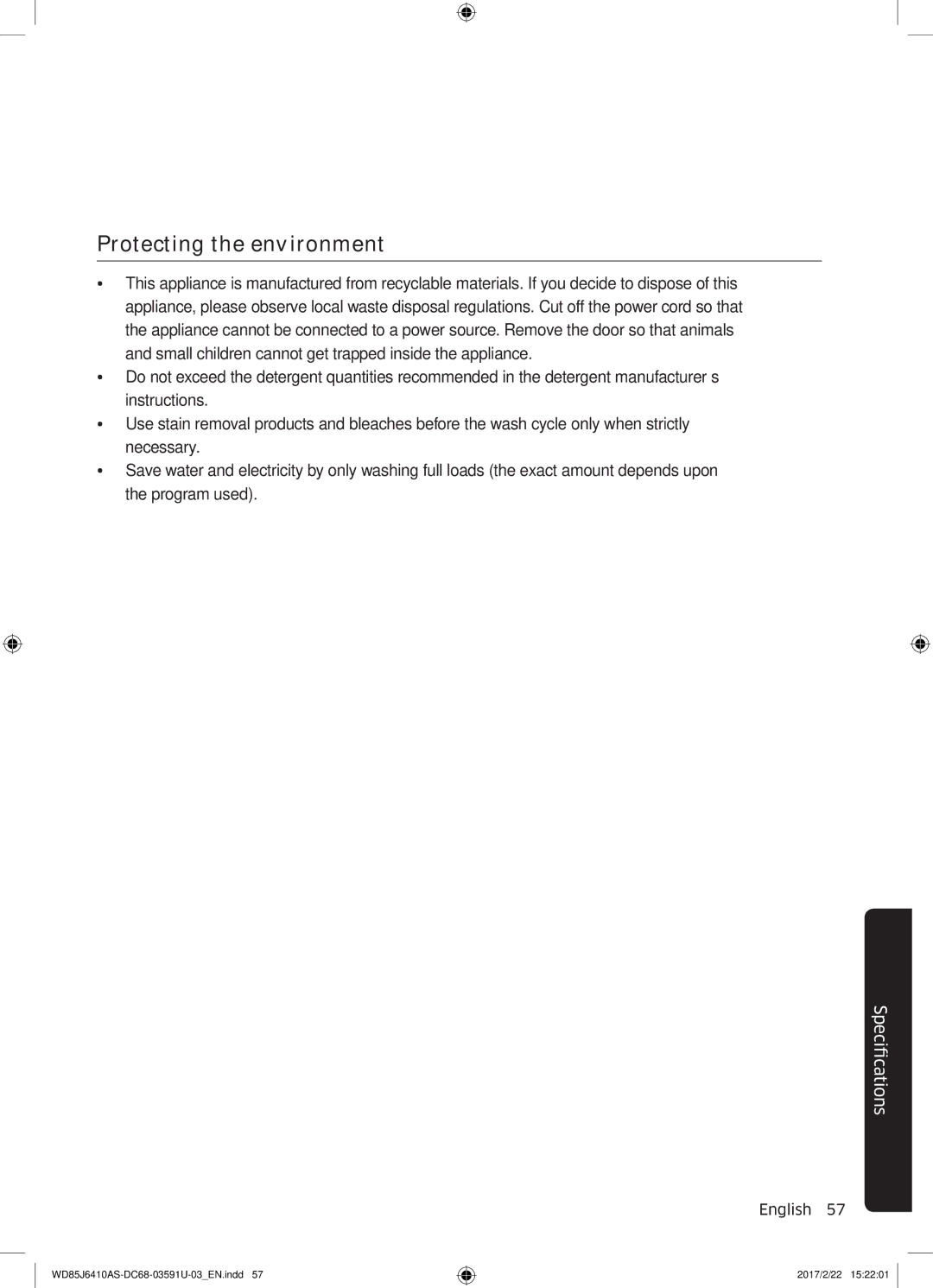 Samsung WD75J6410AW/YL, WD85J6410AS/YL manual Protecting the environment 