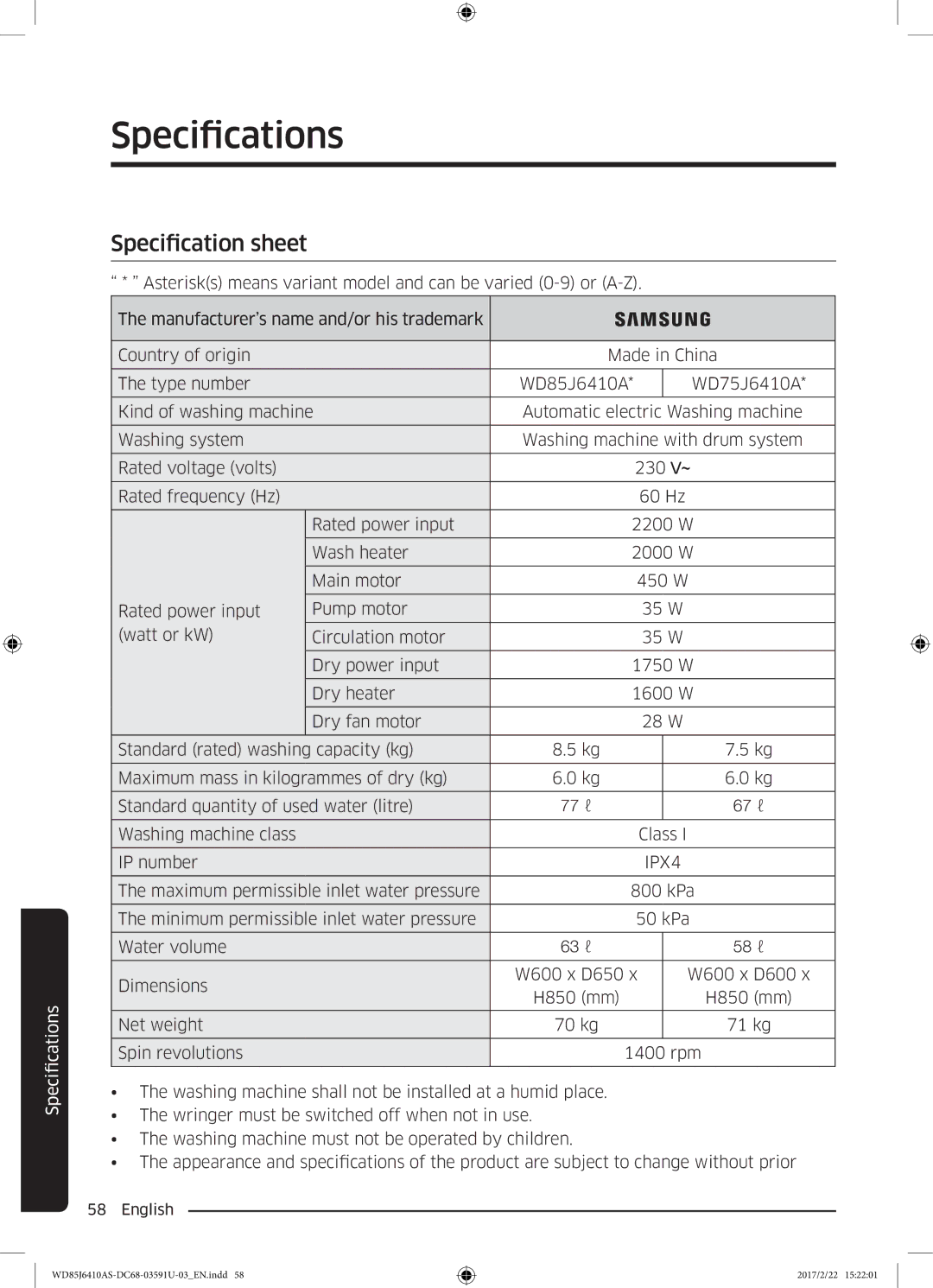 Samsung WD85J6410AS/YL, WD75J6410AW/YL manual Specification sheet, IPX4 