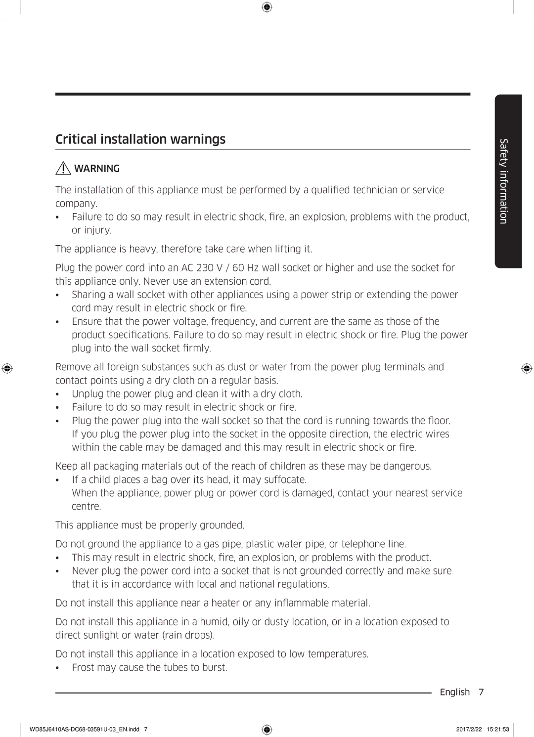 Samsung WD75J6410AW/YL, WD85J6410AS/YL manual Critical installation warnings 