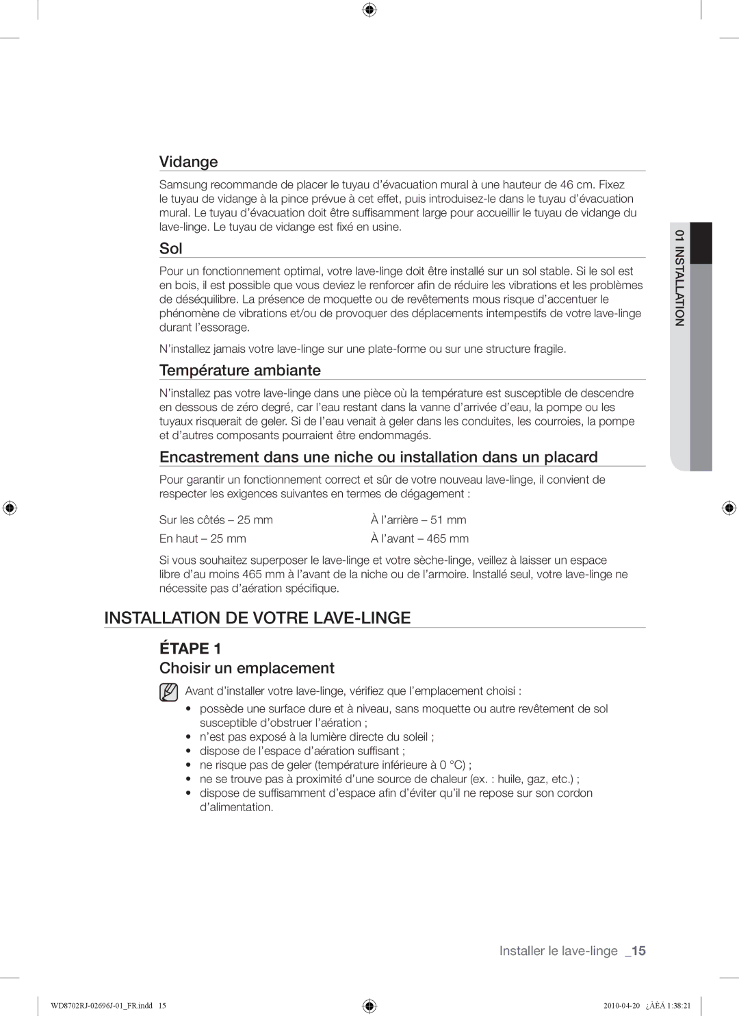 Samsung WD8702RJA1/XEF, WD8702RJA/XEF manual Installation DE Votre LAVE-LINGE 