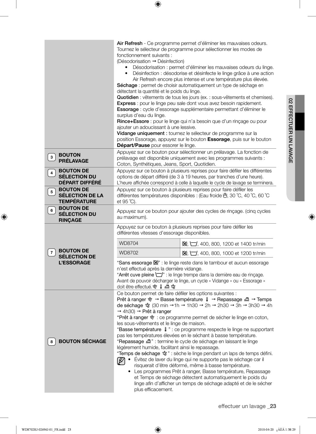 Samsung WD8702RJA1/XEF manual Prélavage, Bouton DE, Sélection DU, Départ Différé, Sélection DE LA, Température, Rinçage 