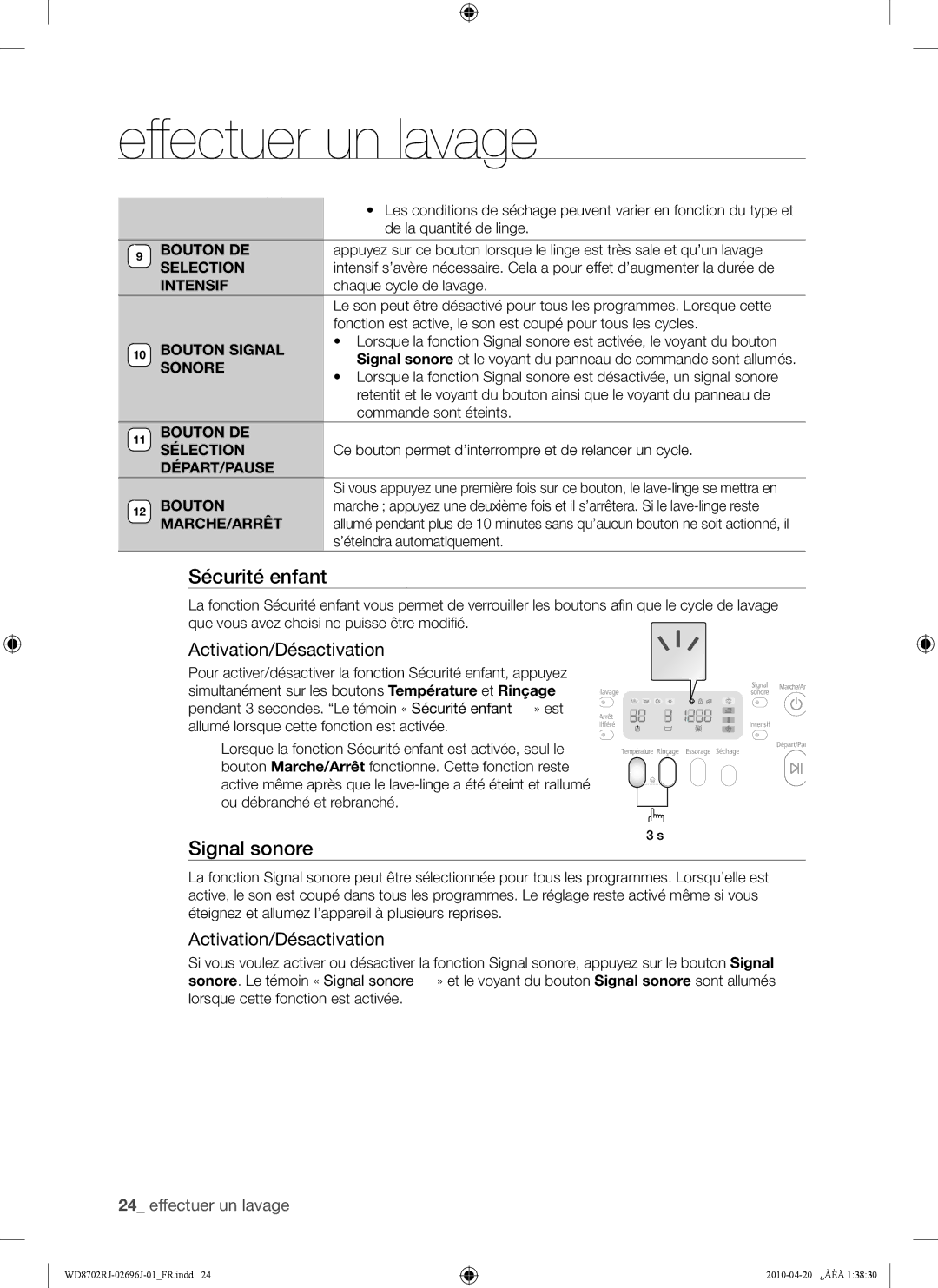 Samsung WD8702RJA/XEF, WD8702RJA1/XEF manual Signal sonore 