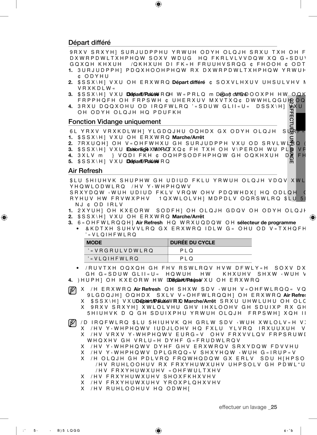 Samsung WD8702RJA1/XEF, WD8702RJA/XEF manual Fonction Vidange uniquement, Mode Durée DU Cycle 