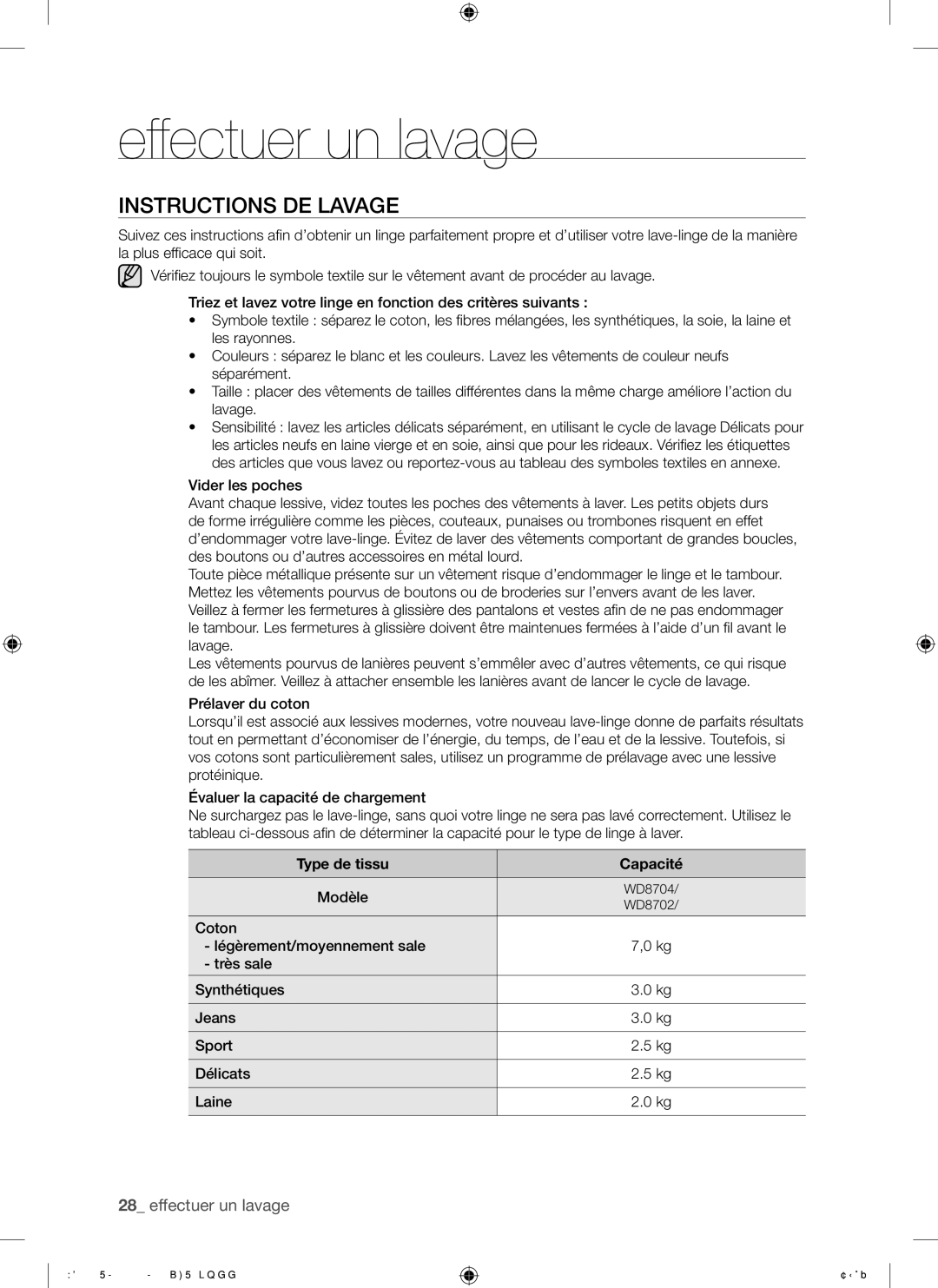 Samsung WD8702RJA/XEF, WD8702RJA1/XEF manual Instructions DE Lavage, Type de tissu Capacité 