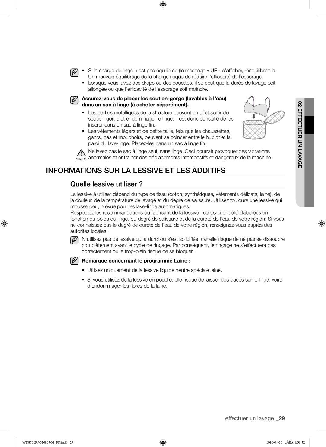 Samsung WD8702RJA1/XEF, WD8702RJA/XEF manual Informations SUR LA Lessive ET LES Additifs, Quelle lessive utiliser ? 