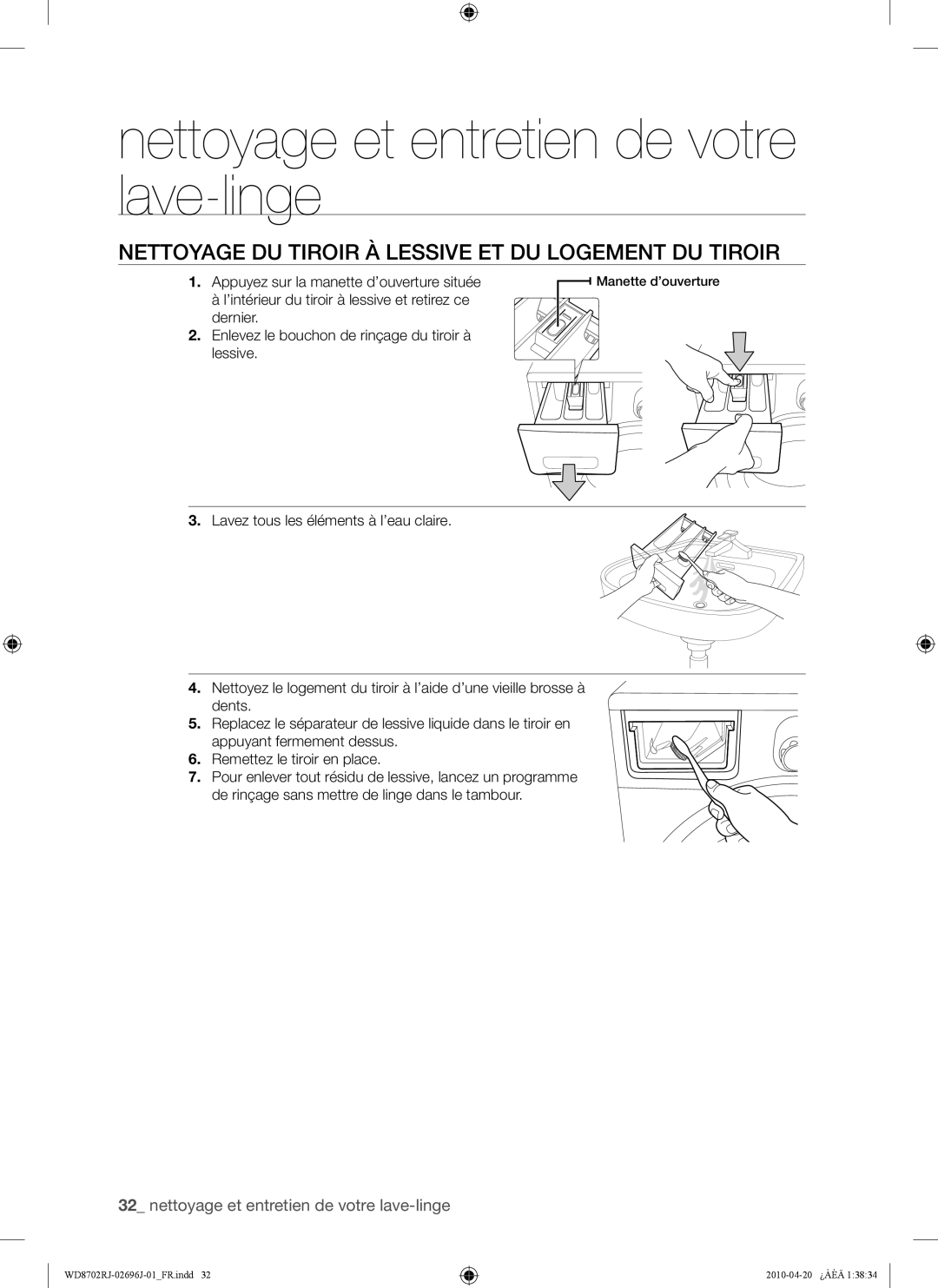 Samsung WD8702RJA/XEF, WD8702RJA1/XEF manual Nettoyage DU Tiroir À Lessive ET DU Logement DU Tiroir 