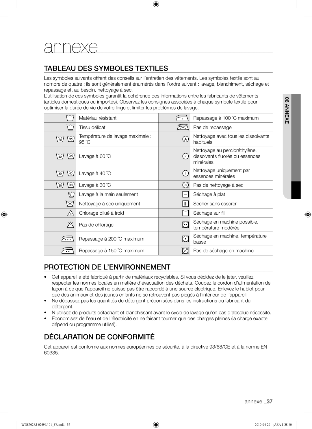 Samsung WD8702RJA1/XEF Annexe, Tableau DES Symboles Textiles, Protection DE L’ENVIRONNEMENT, Déclaration DE Conformité 