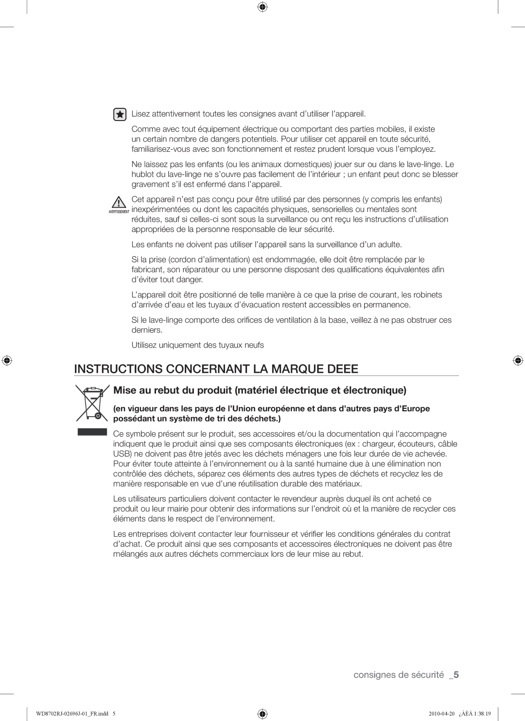 Samsung WD8702RJA1/XEF, WD8702RJA/XEF manual Instructions Concernant LA Marque Deee 