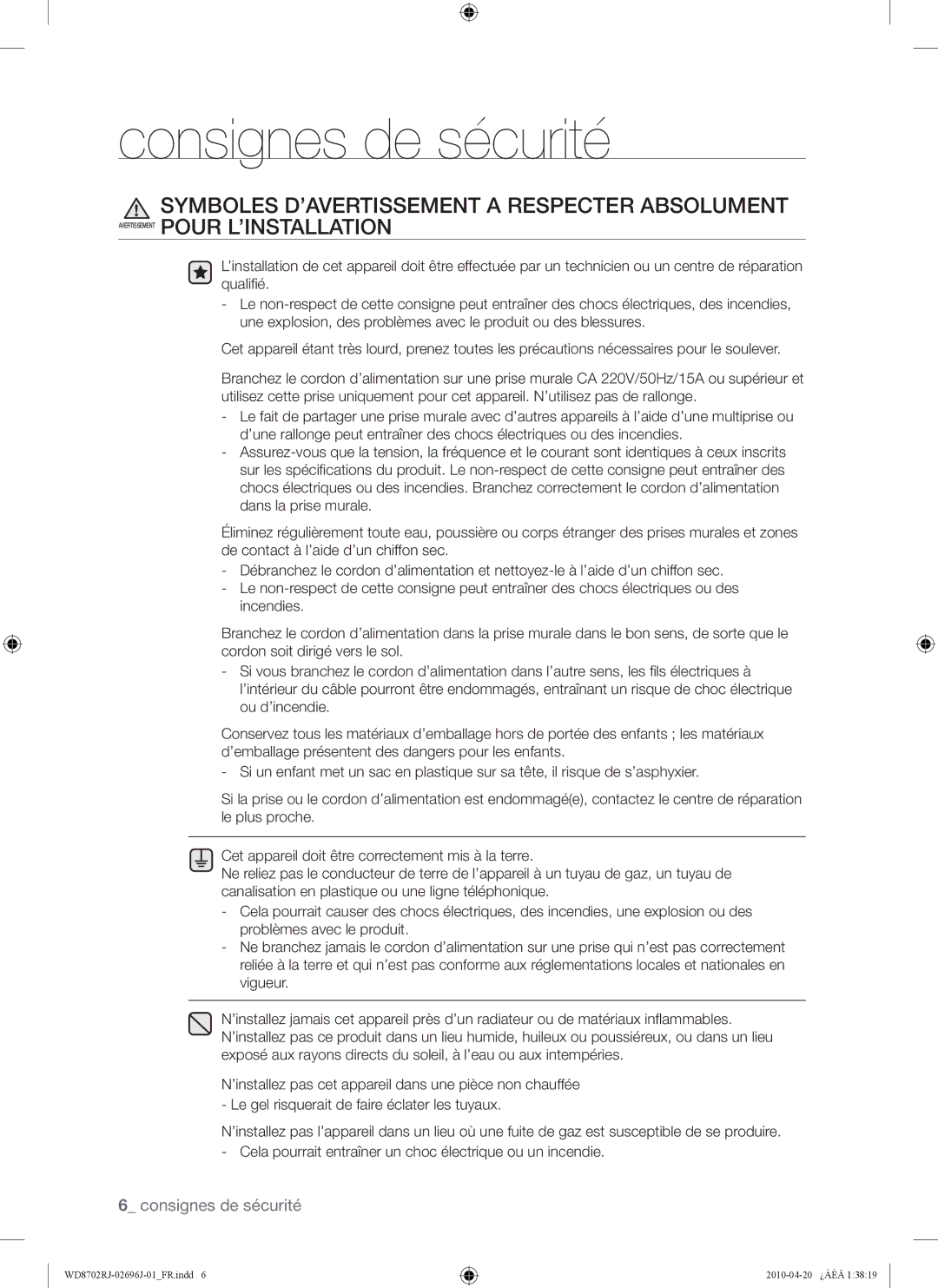 Samsung WD8702RJA/XEF, WD8702RJA1/XEF manual Consignes de sécurité 