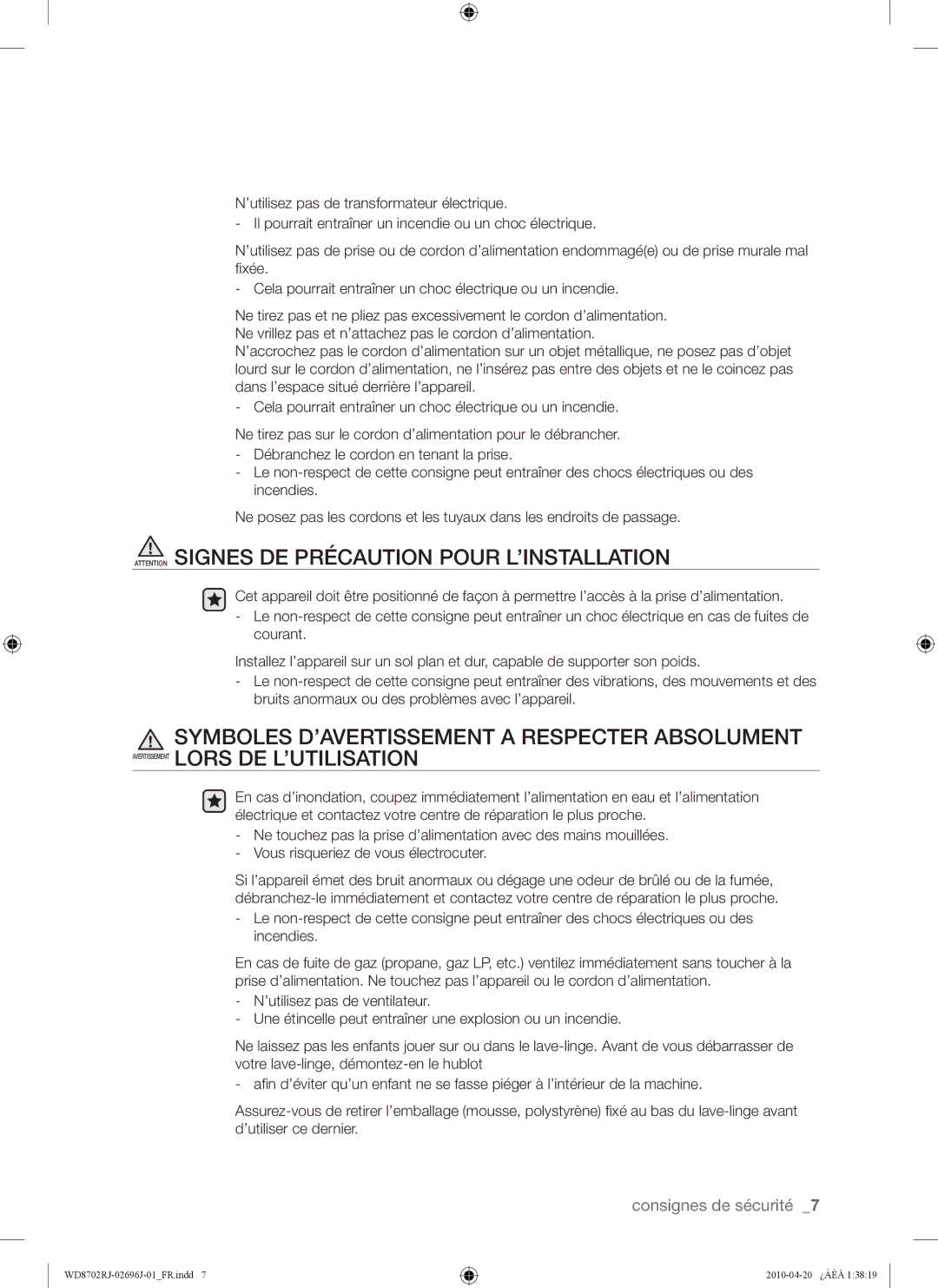 Samsung WD8702RJA1/XEF, WD8702RJA/XEF manual Consignes de sécurité 