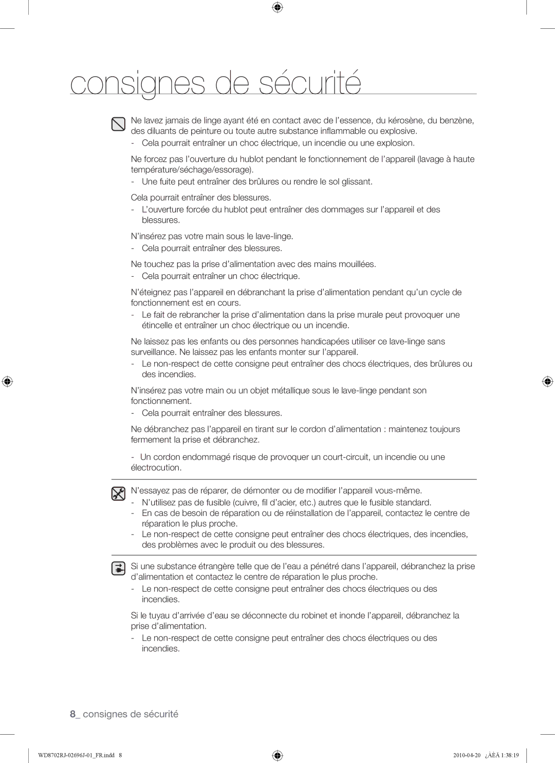 Samsung WD8702RJA/XEF, WD8702RJA1/XEF manual Consignes de sécurité 