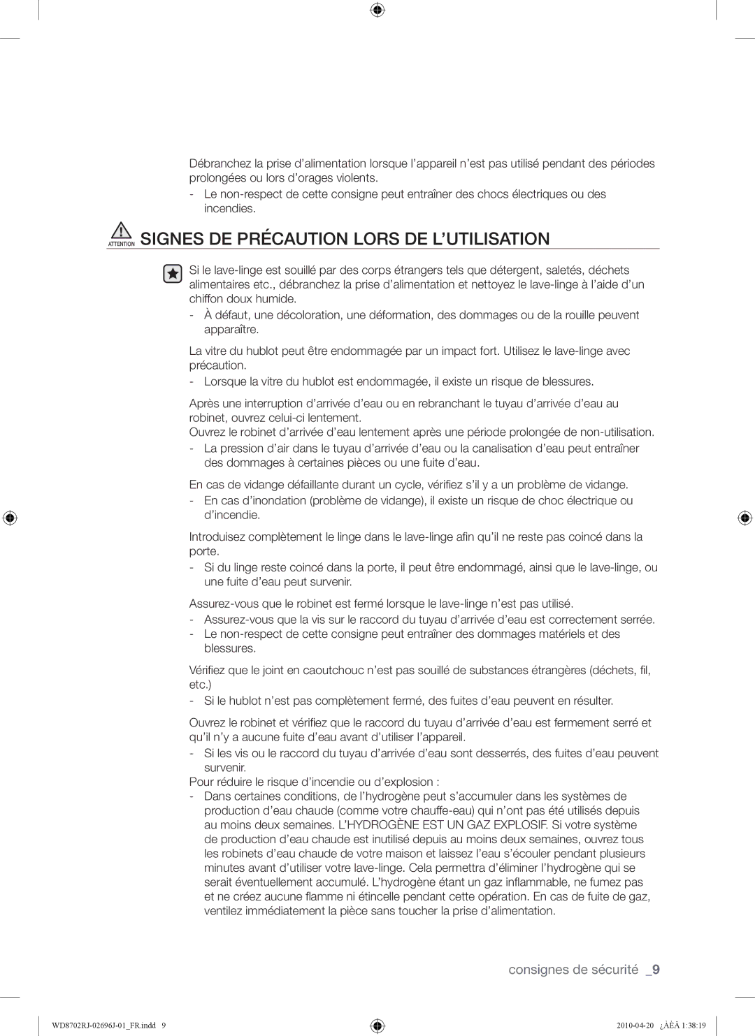 Samsung WD8702RJA1/XEF, WD8702RJA/XEF manual Consignes de sécurité 