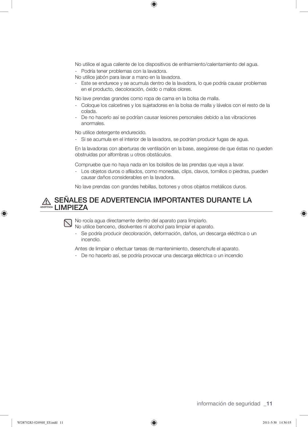 Samsung WD8702RJH1/XEC, WD8702RJH/XEC manual Señales DE Advertencia Importantes Durante LA 