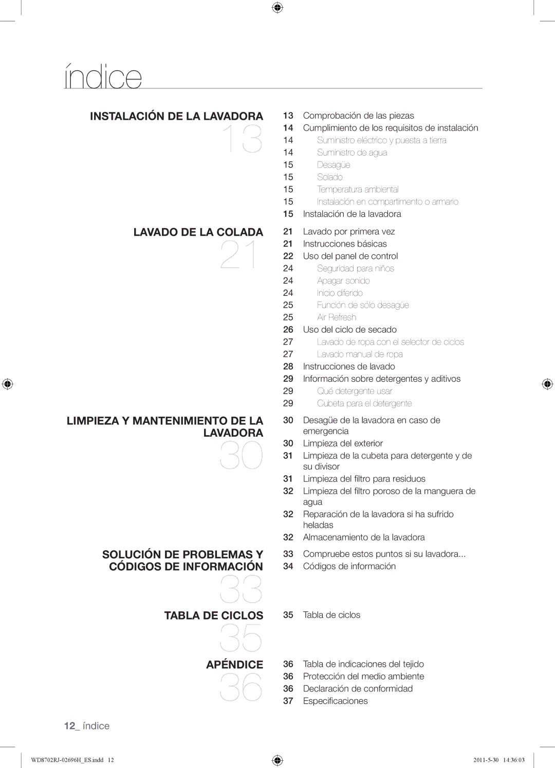 Samsung WD8702RJH/XEC, WD8702RJH1/XEC manual Índice, Instalación DE LA Lavadora 