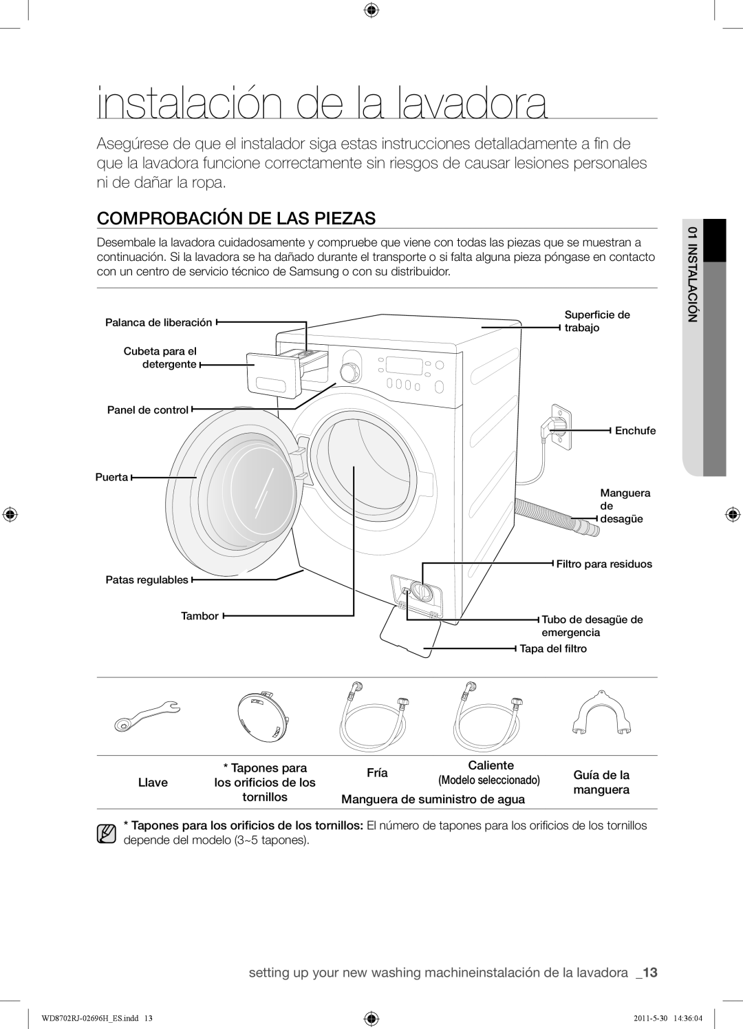 Samsung WD8702RJH1/XEC, WD8702RJH/XEC manual Instalación de la lavadora, Comprobación DE LAS Piezas 