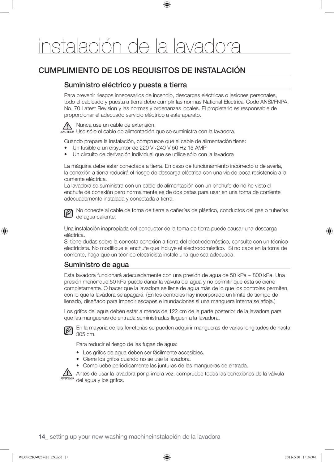 Samsung WD8702RJH/XEC manual Cumplimiento DE LOS Requisitos DE Instalación, Suministro eléctrico y puesta a tierra 