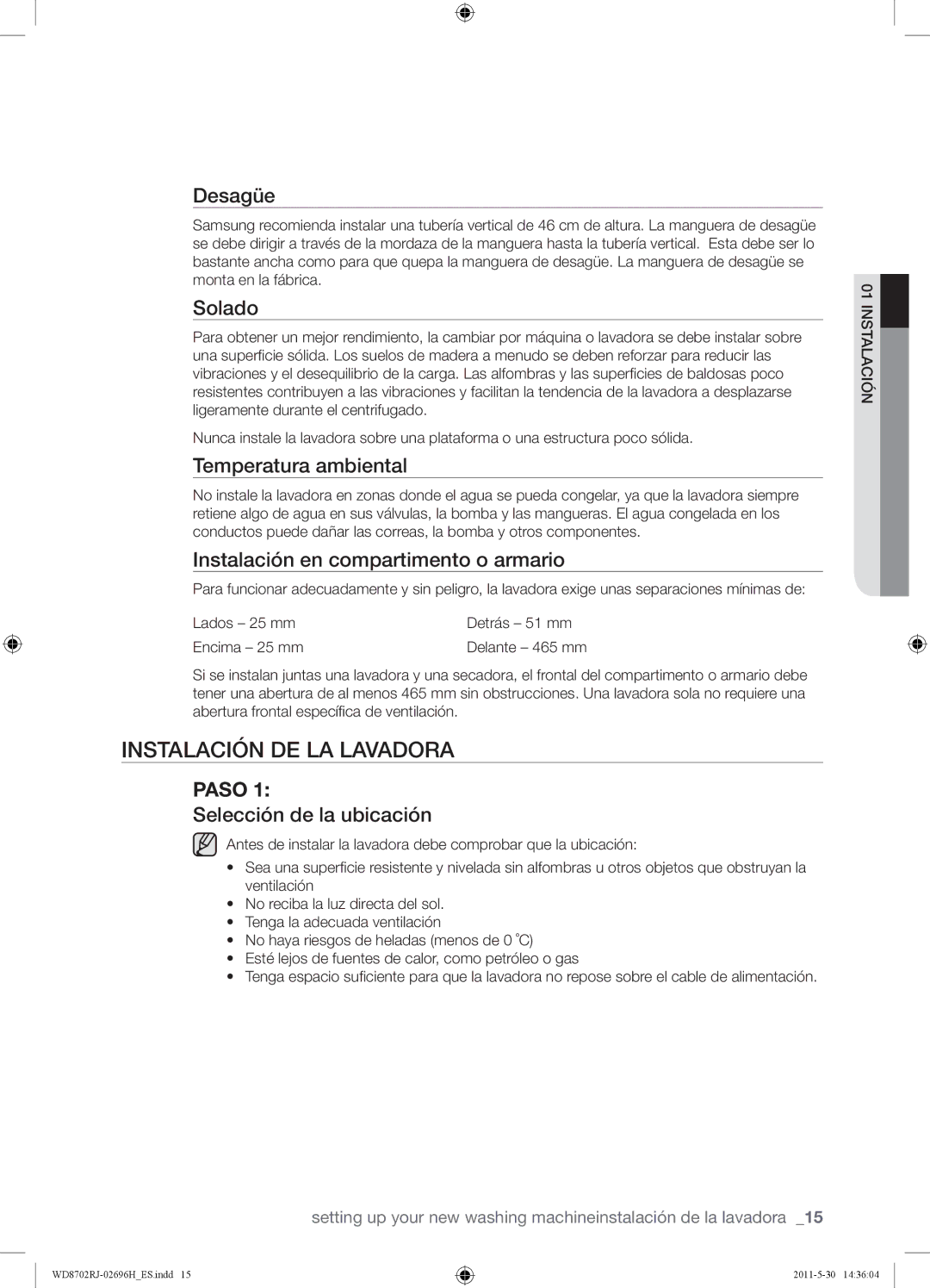 Samsung WD8702RJH1/XEC, WD8702RJH/XEC manual Instalación DE LA Lavadora 