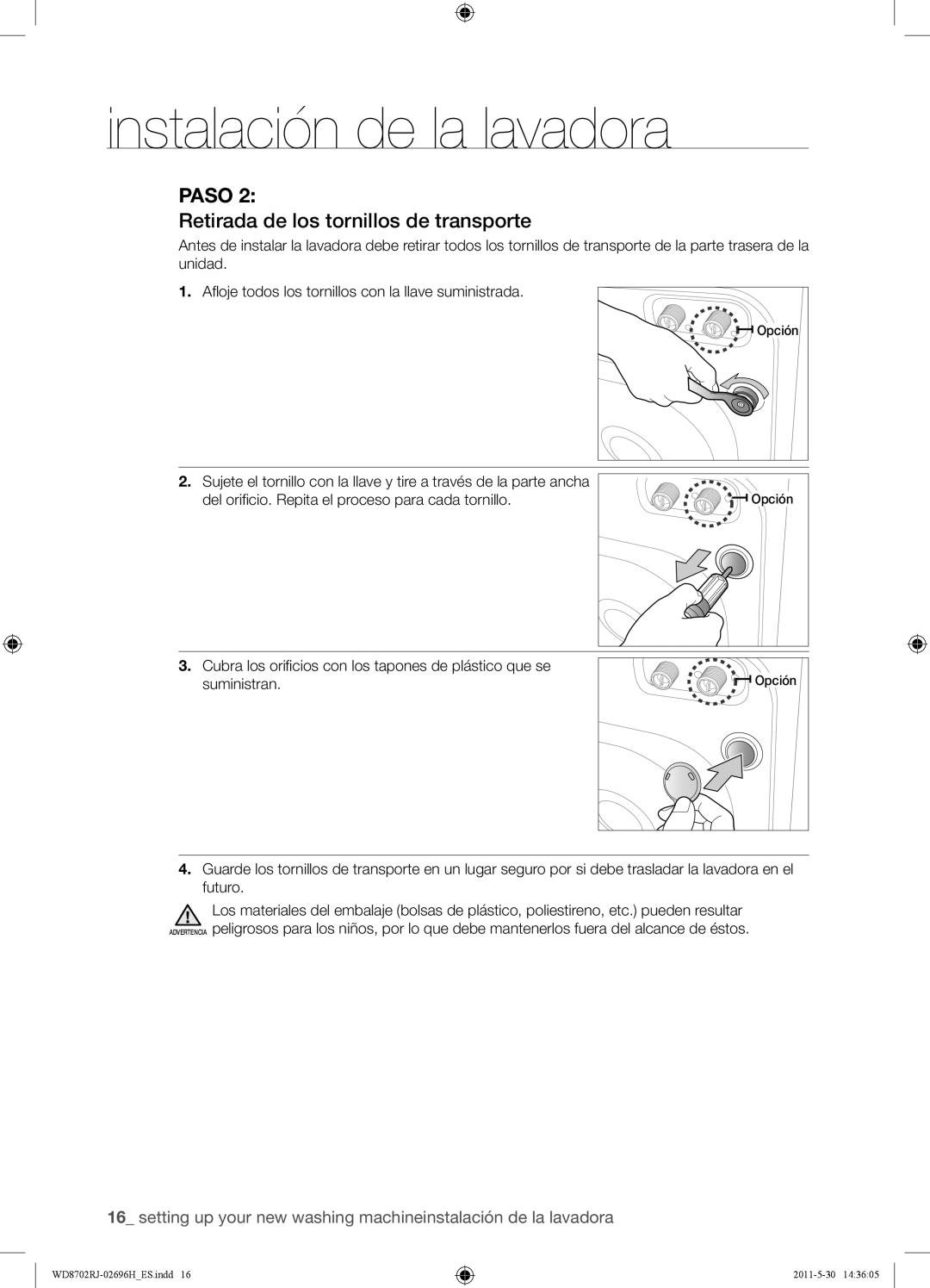 Samsung WD8702RJH/XEC, WD8702RJH1/XEC manual Retirada de los tornillos de transporte 