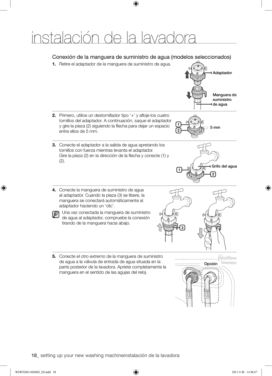 Samsung WD8702RJH/XEC, WD8702RJH1/XEC manual Retire el adaptador de la manguera de suministro de agua 