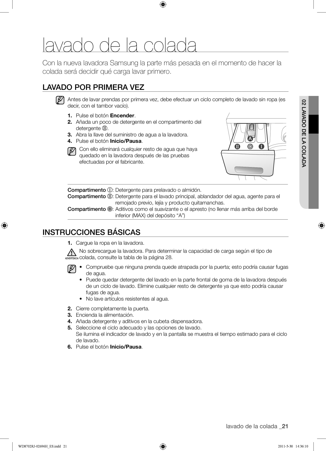 Samsung WD8702RJH1/XEC, WD8702RJH/XEC manual Lavado de la colada, Lavado POR Primera VEZ, Instrucciones Básicas 