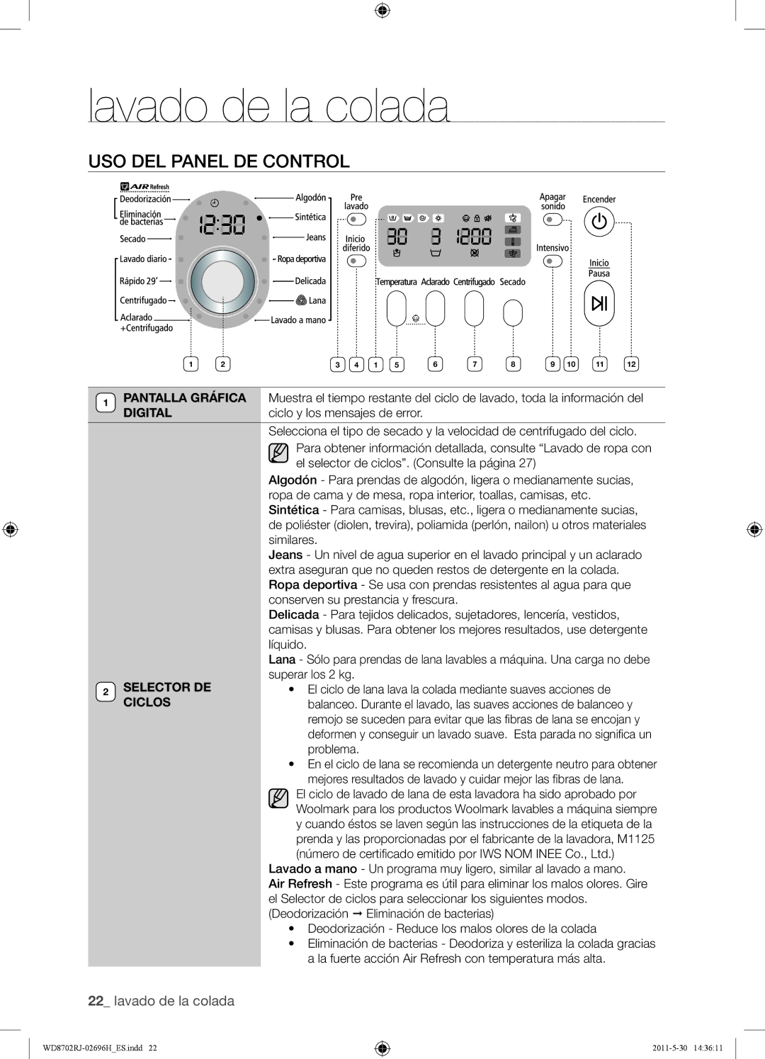 Samsung WD8702RJH/XEC, WD8702RJH1/XEC manual USO DEL Panel DE Control, Selector DE, Ciclos 