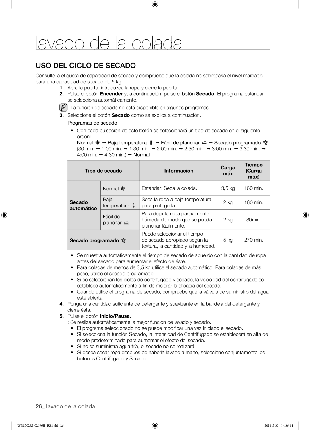 Samsung WD8702RJH/XEC, WD8702RJH1/XEC manual USO DEL Ciclo DE Secado, Automático 