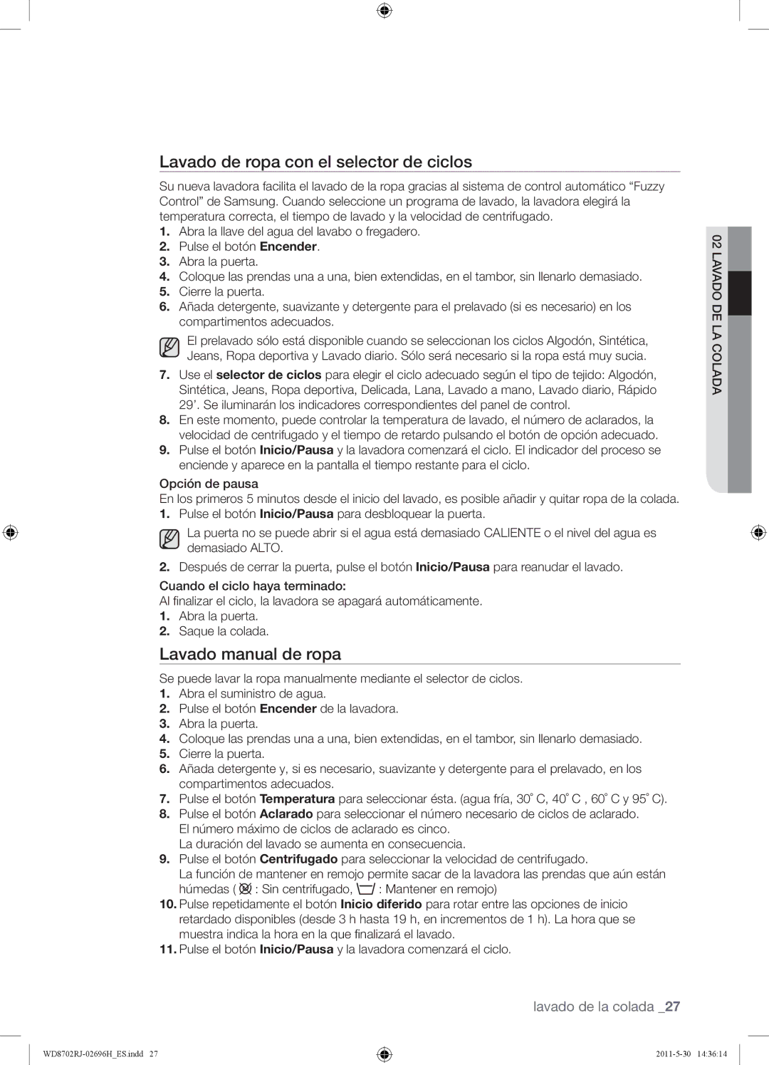 Samsung WD8702RJH1/XEC, WD8702RJH/XEC Lavado de ropa con el selector de ciclos, Lavado manual de ropa 