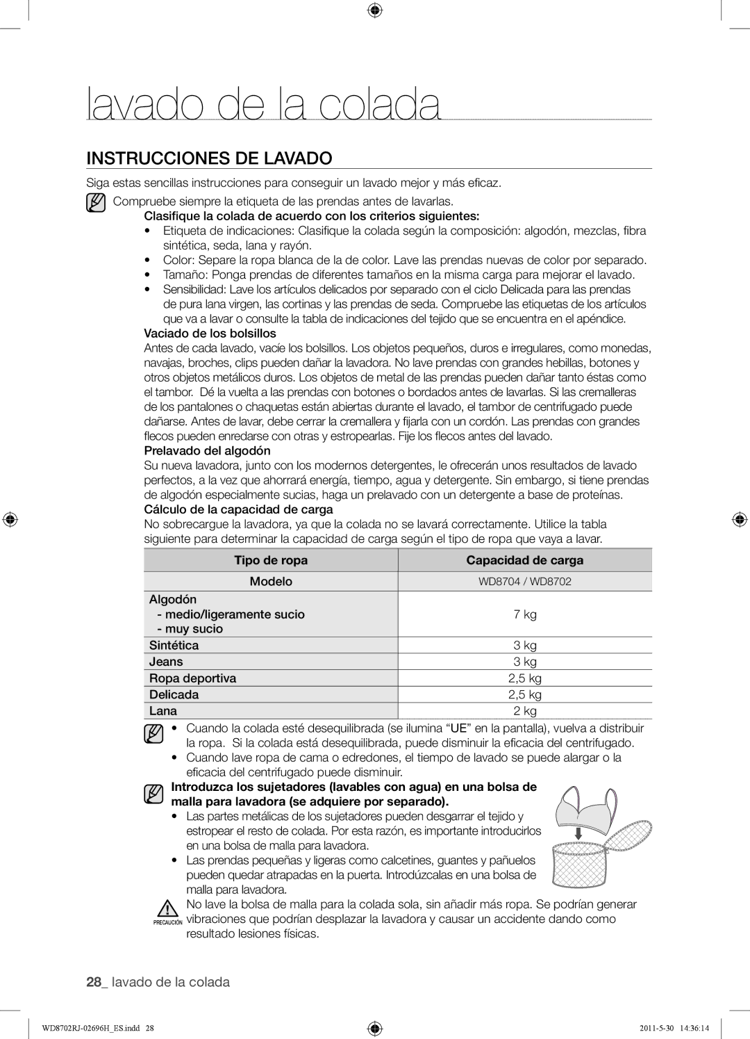 Samsung WD8702RJH/XEC, WD8702RJH1/XEC manual Instrucciones DE Lavado, Tipo de ropa Capacidad de carga 