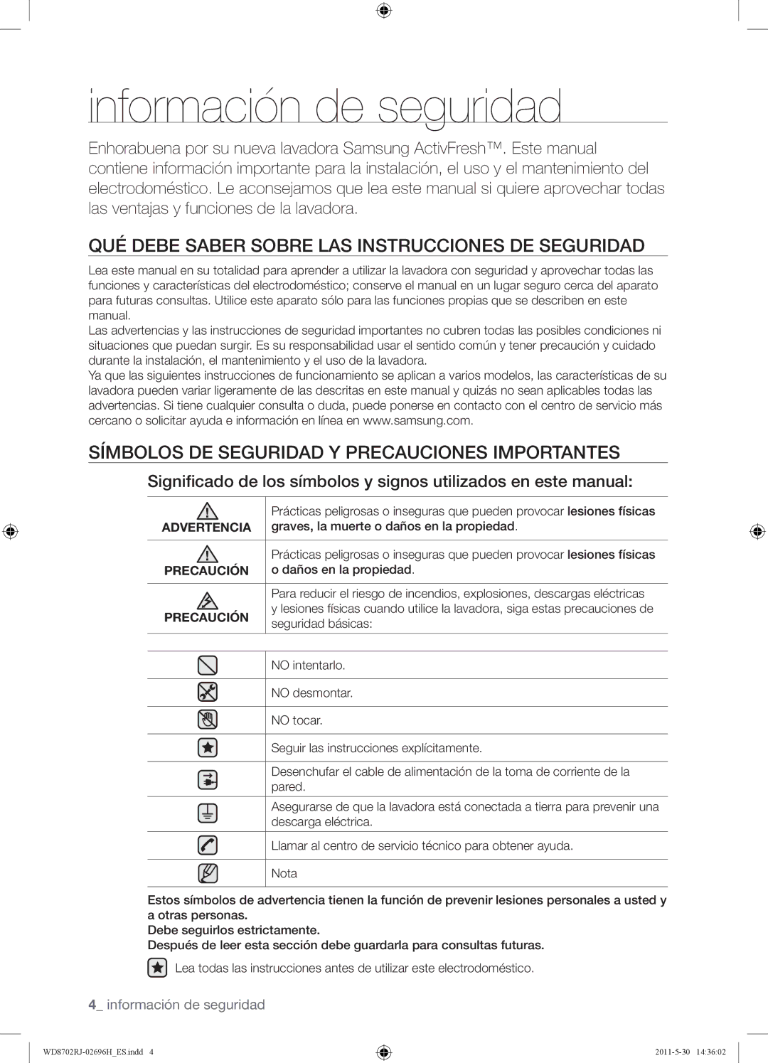 Samsung WD8702RJH/XEC manual Información de seguridad, QUÉ Debe Saber Sobre LAS Instrucciones DE Seguridad, Advertencia 