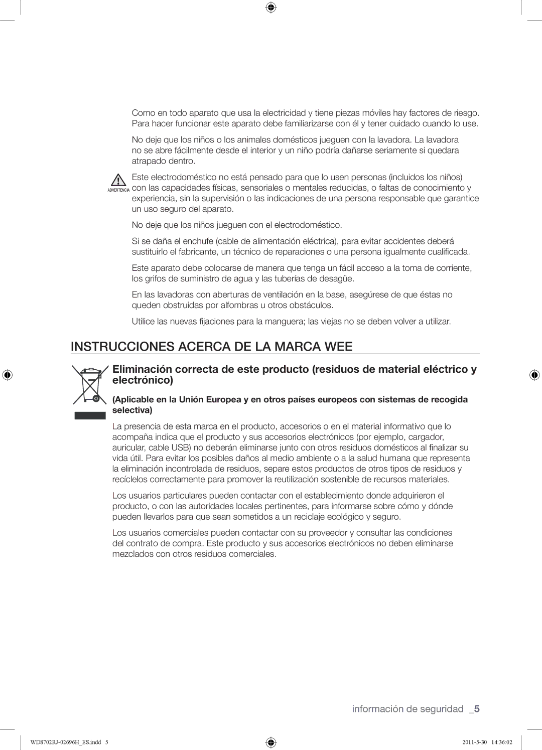 Samsung WD8702RJH1/XEC, WD8702RJH/XEC manual Instrucciones Acerca DE LA Marca WEE 