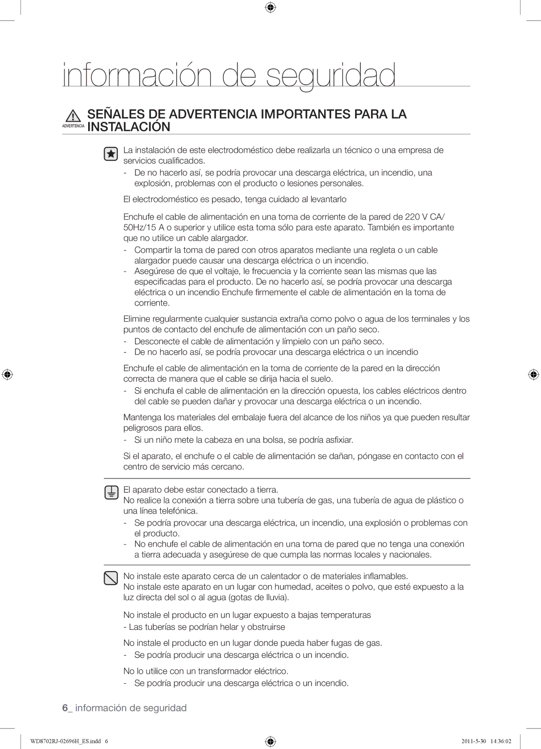 Samsung WD8702RJH/XEC, WD8702RJH1/XEC manual Señales DE Advertencia Importantes Para LA 