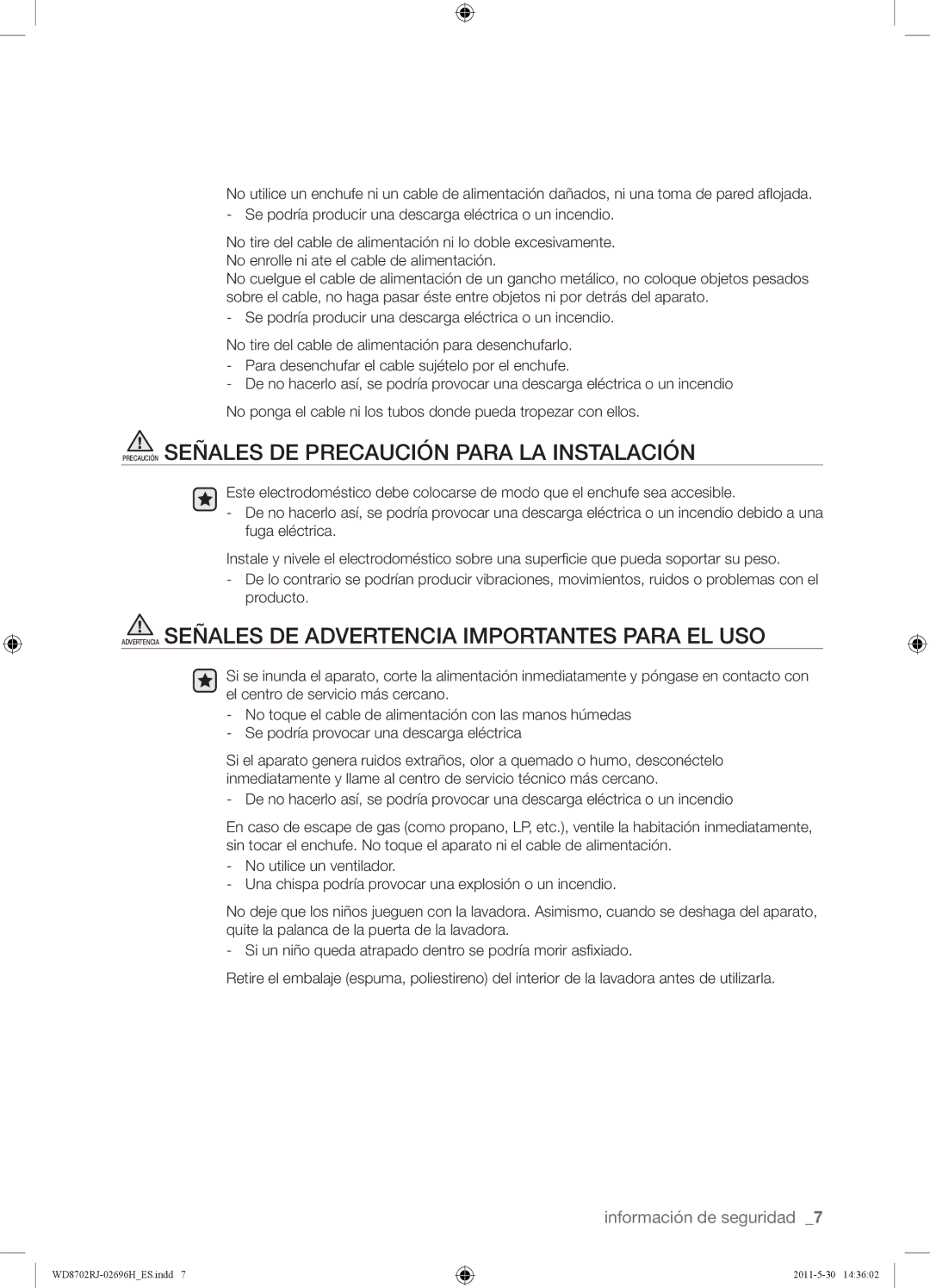 Samsung WD8702RJH1/XEC, WD8702RJH/XEC manual Precaución Señales DE Precaución Para LA Instalación 