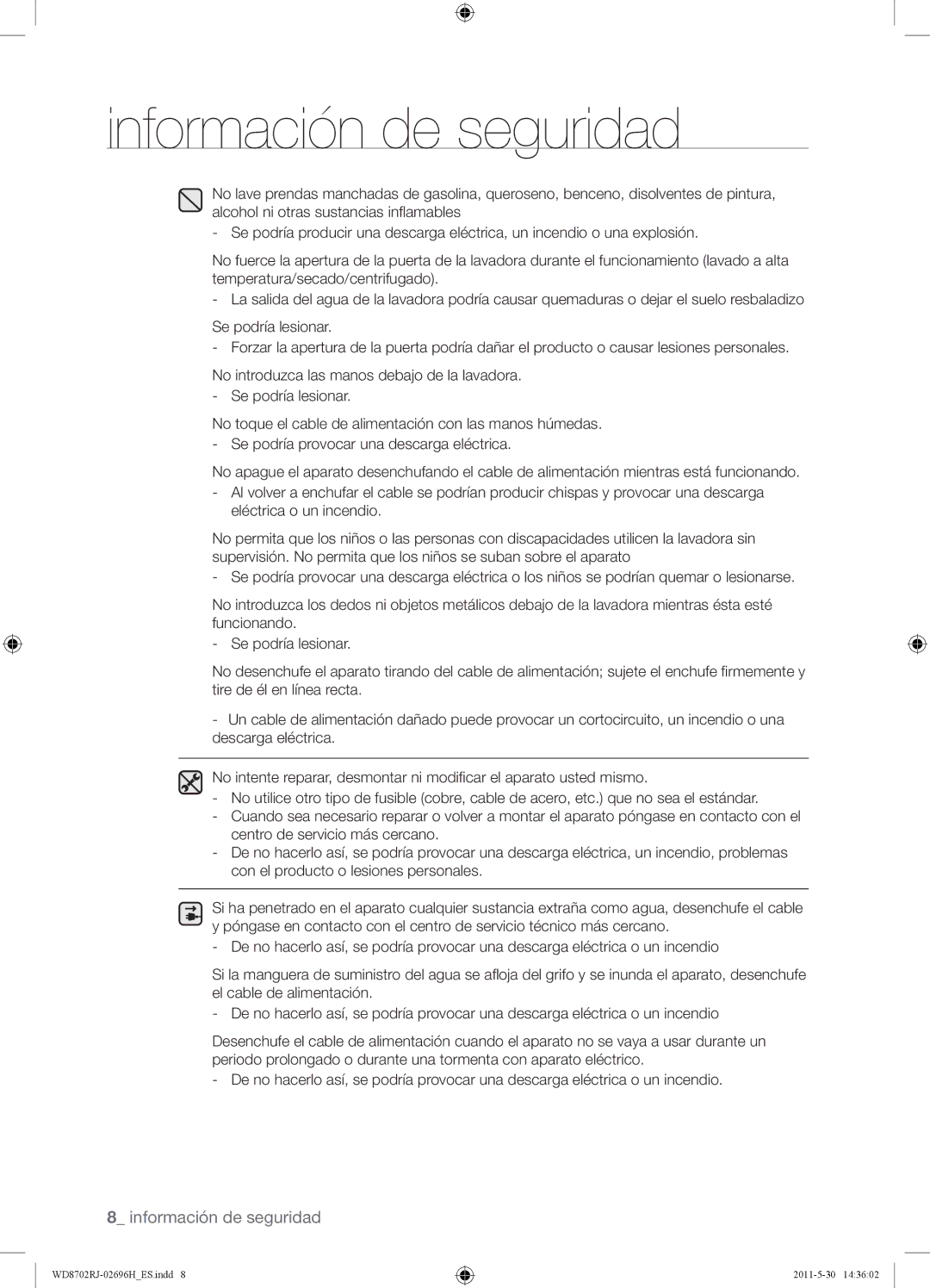 Samsung WD8702RJH/XEC, WD8702RJH1/XEC manual Información de seguridad 