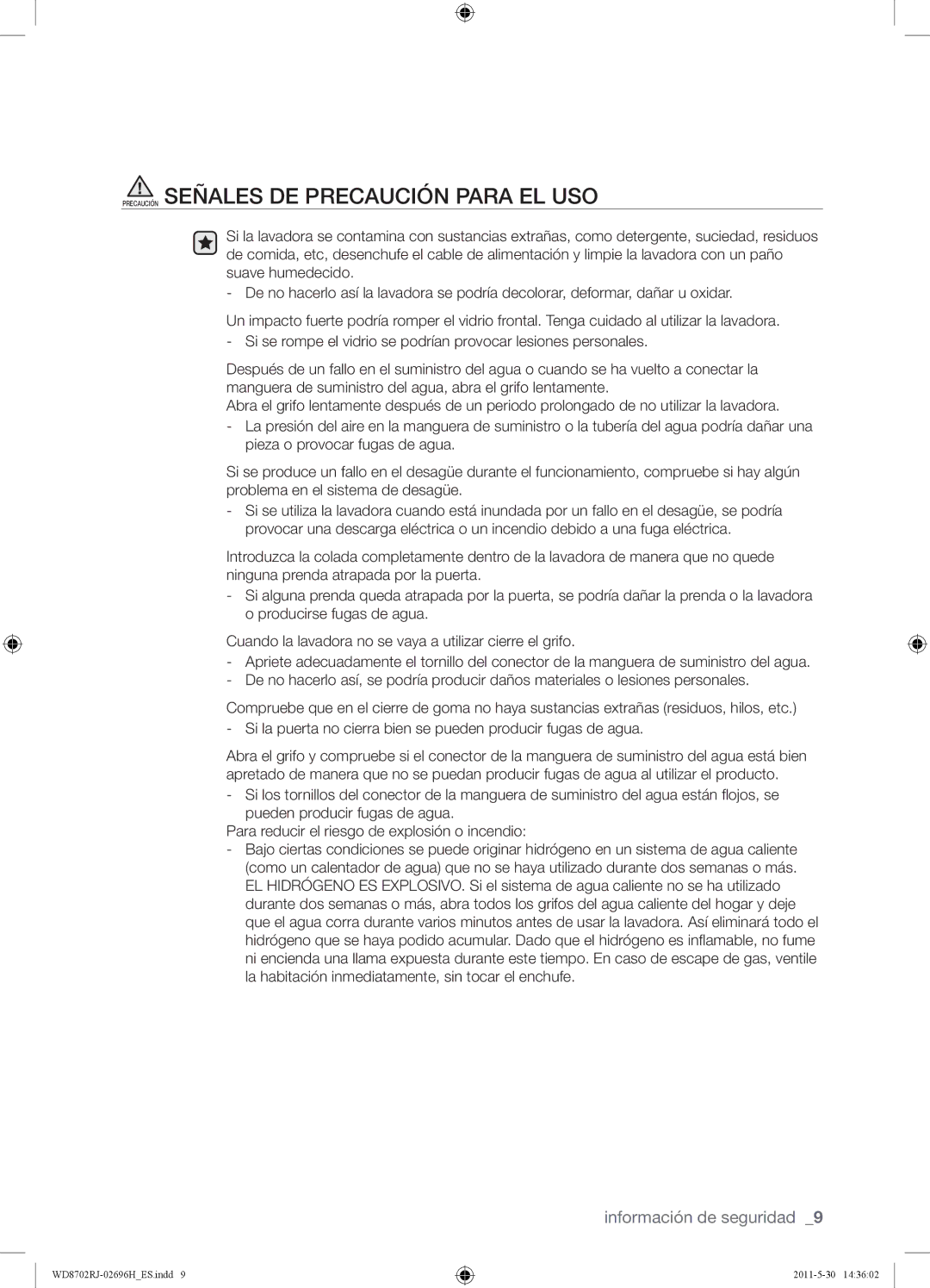 Samsung WD8702RJH1/XEC, WD8702RJH/XEC manual Precaución Señales DE Precaución Para EL USO 