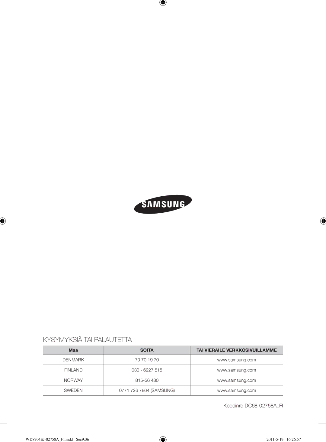 Samsung WD8704EJA/XEE manual Kysymyksiä TAI Palautetta, Koodinro DC68-02758AFI 