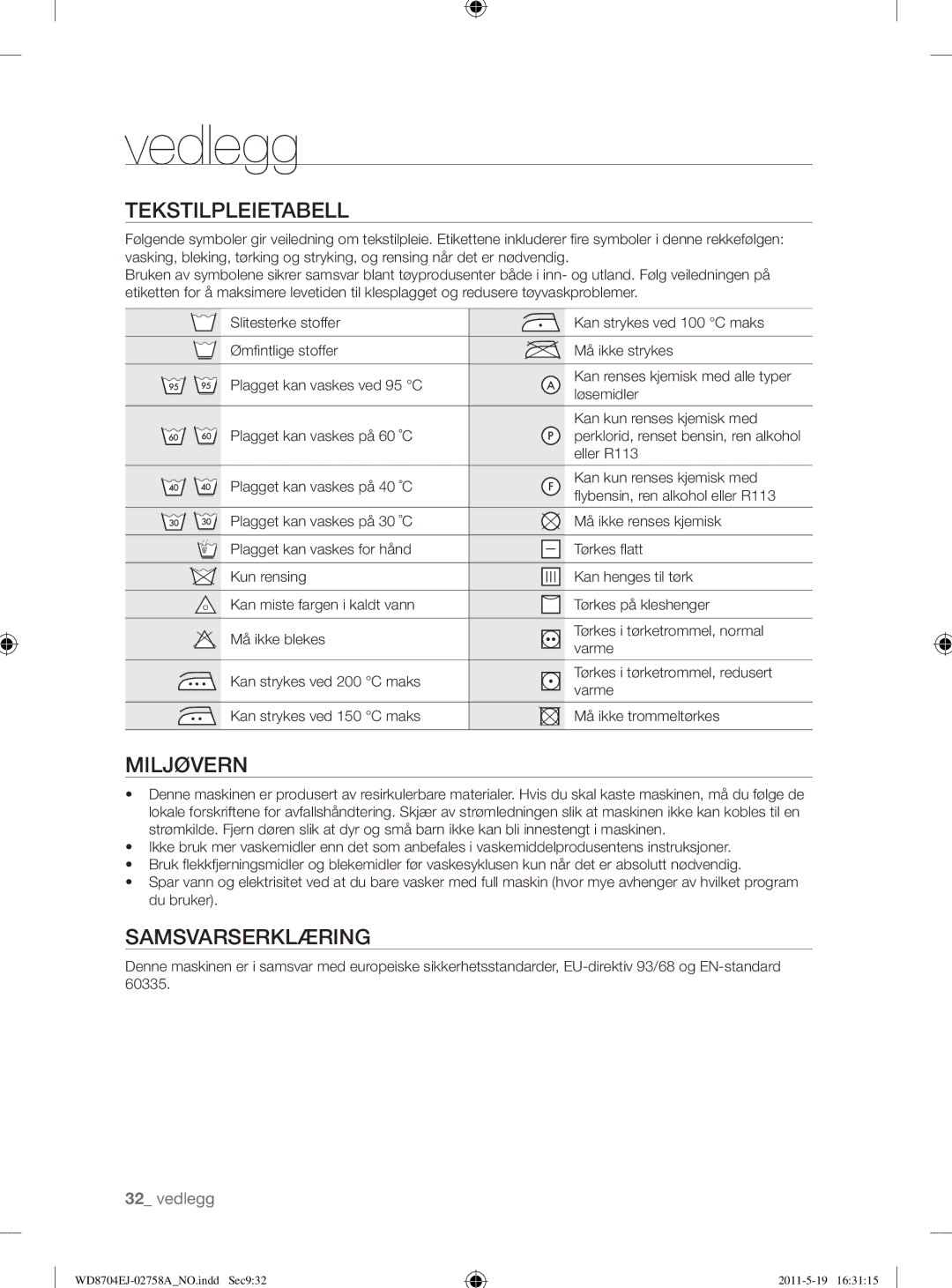 Samsung WD8704EJA/XEE manual Vedlegg, Tekstilpleietabell, Miljøvern, Samsvarserklæring, Eller R113 