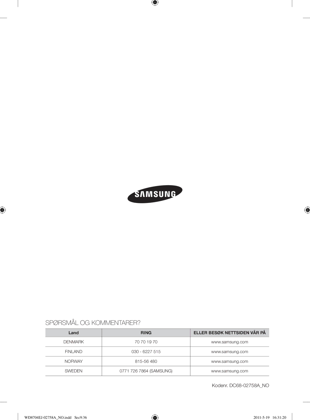 Samsung WD8704EJA/XEE manual Spørsmål OG KOMMENTARER?, Kodenr. DC68-02758ANO 