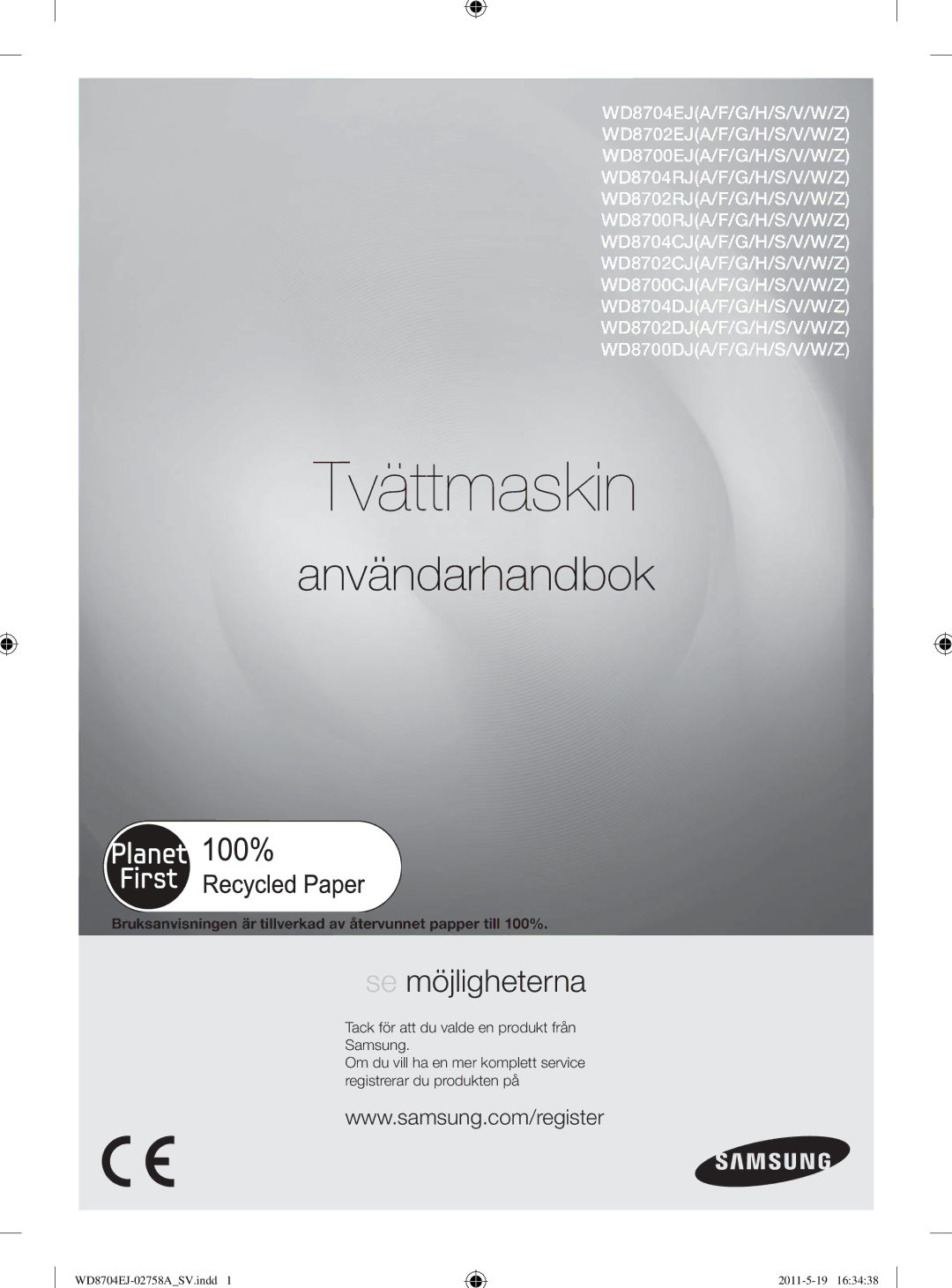 Samsung WD8704EJA/XEE manual Tvättmaskin 