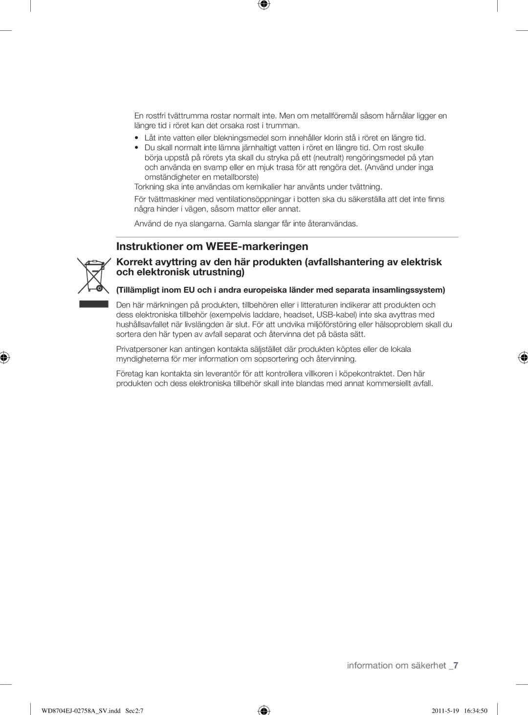 Samsung WD8704EJA/XEE manual Instruktioner om WEEE-markeringen 