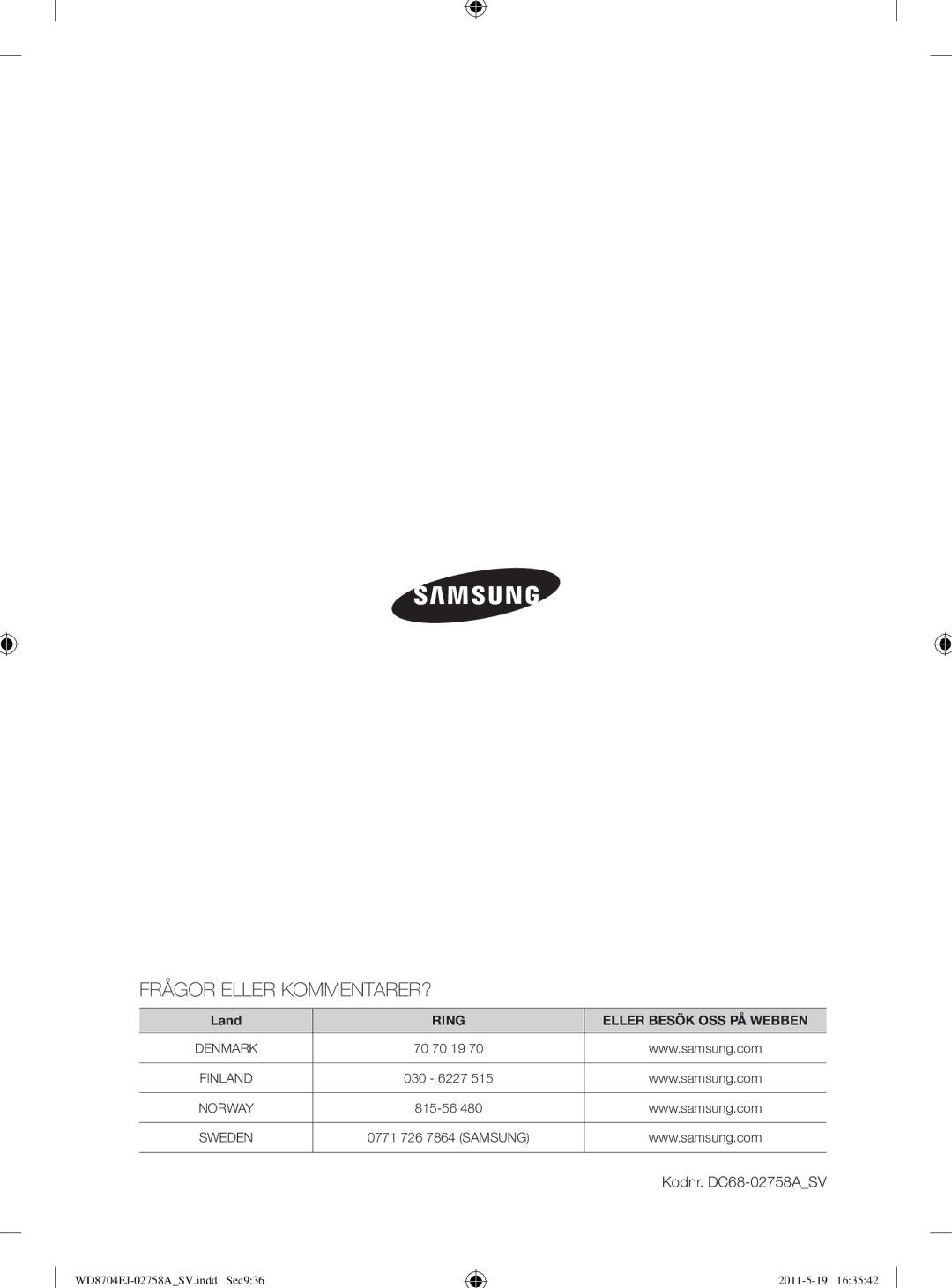 Samsung WD8704EJA/XEE manual Frågor Eller KOMMENTARER?, Kodnr. DC68-02758ASV 