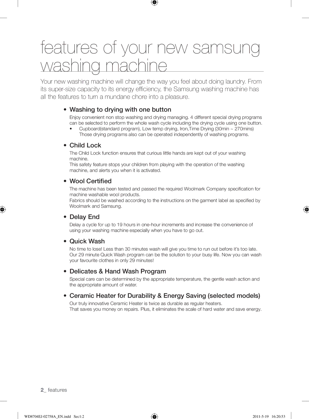 Samsung WD8704EJA/XEE manual Features of your new samsung washing machine 