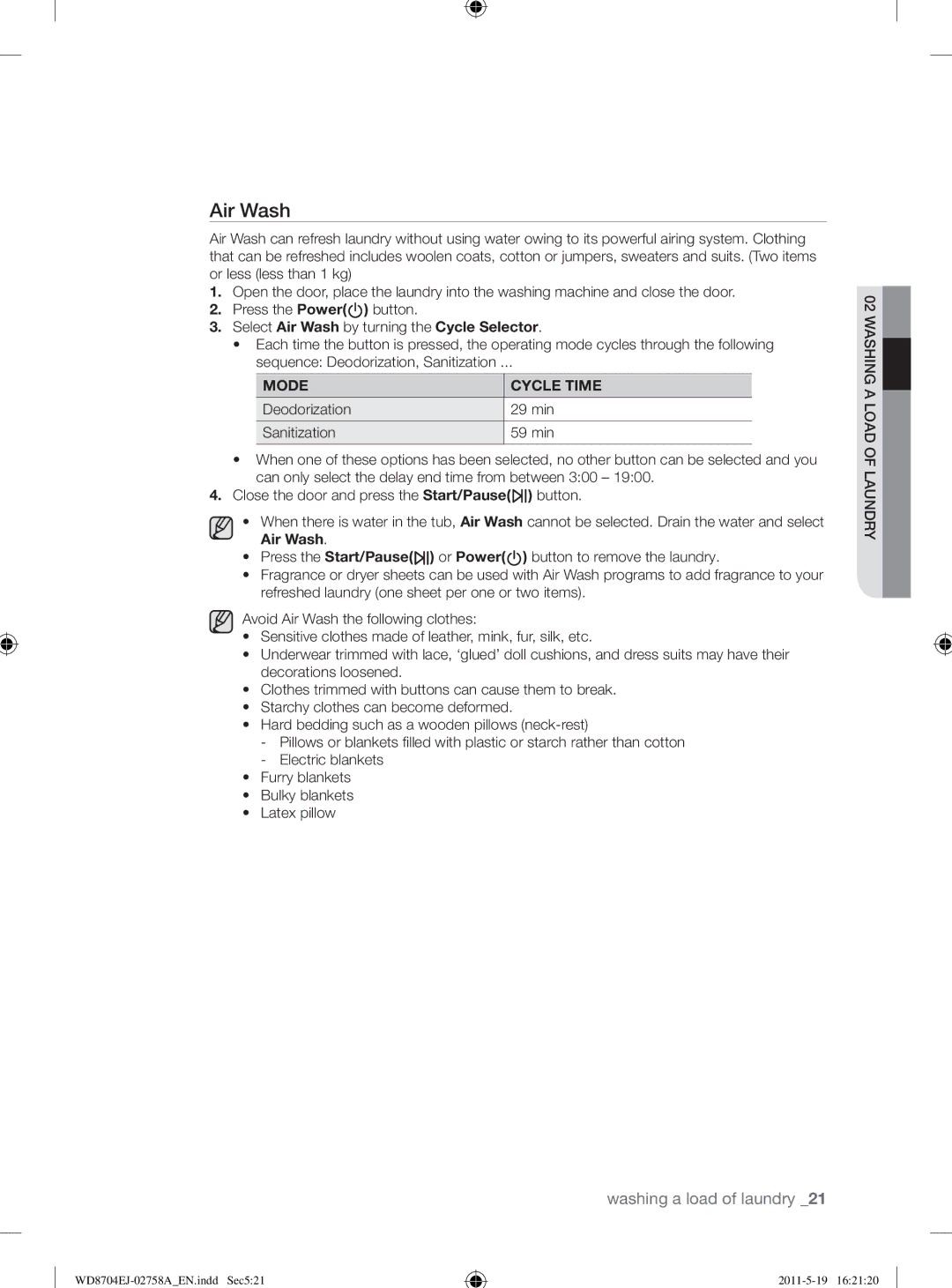 Samsung WD8704EJA/XEE manual Air Wash, Mode Cycle Time 