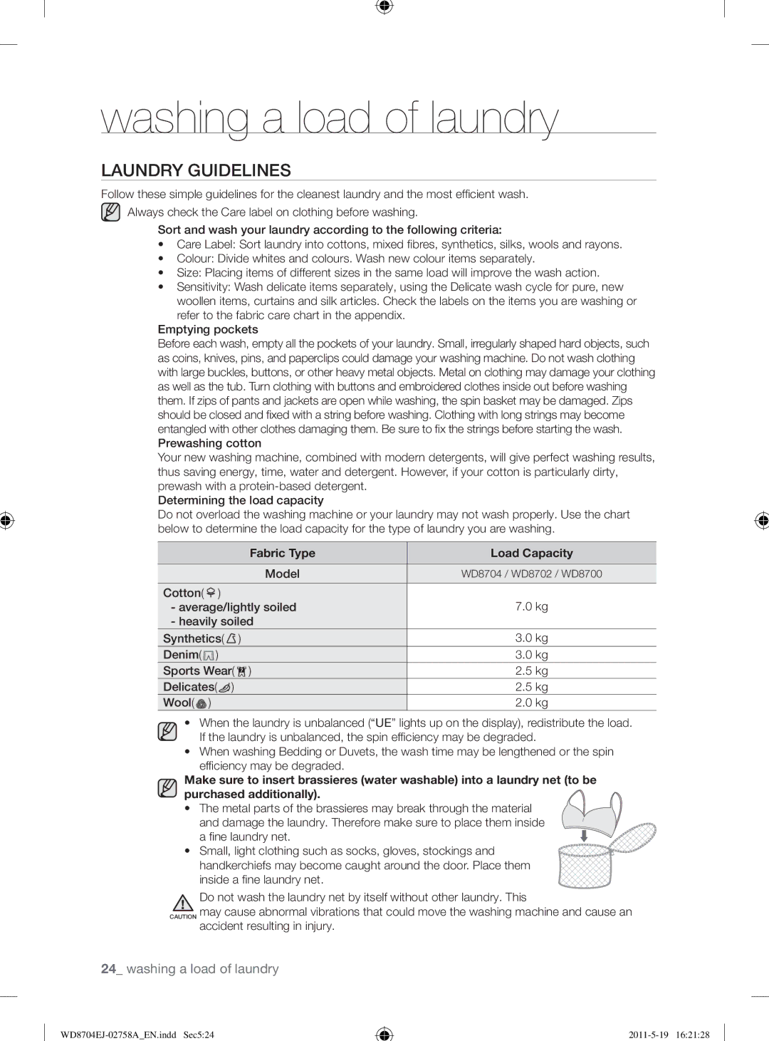 Samsung WD8704EJA/XEE manual Laundry Guidelines, Fabric Type Load Capacity, Model 