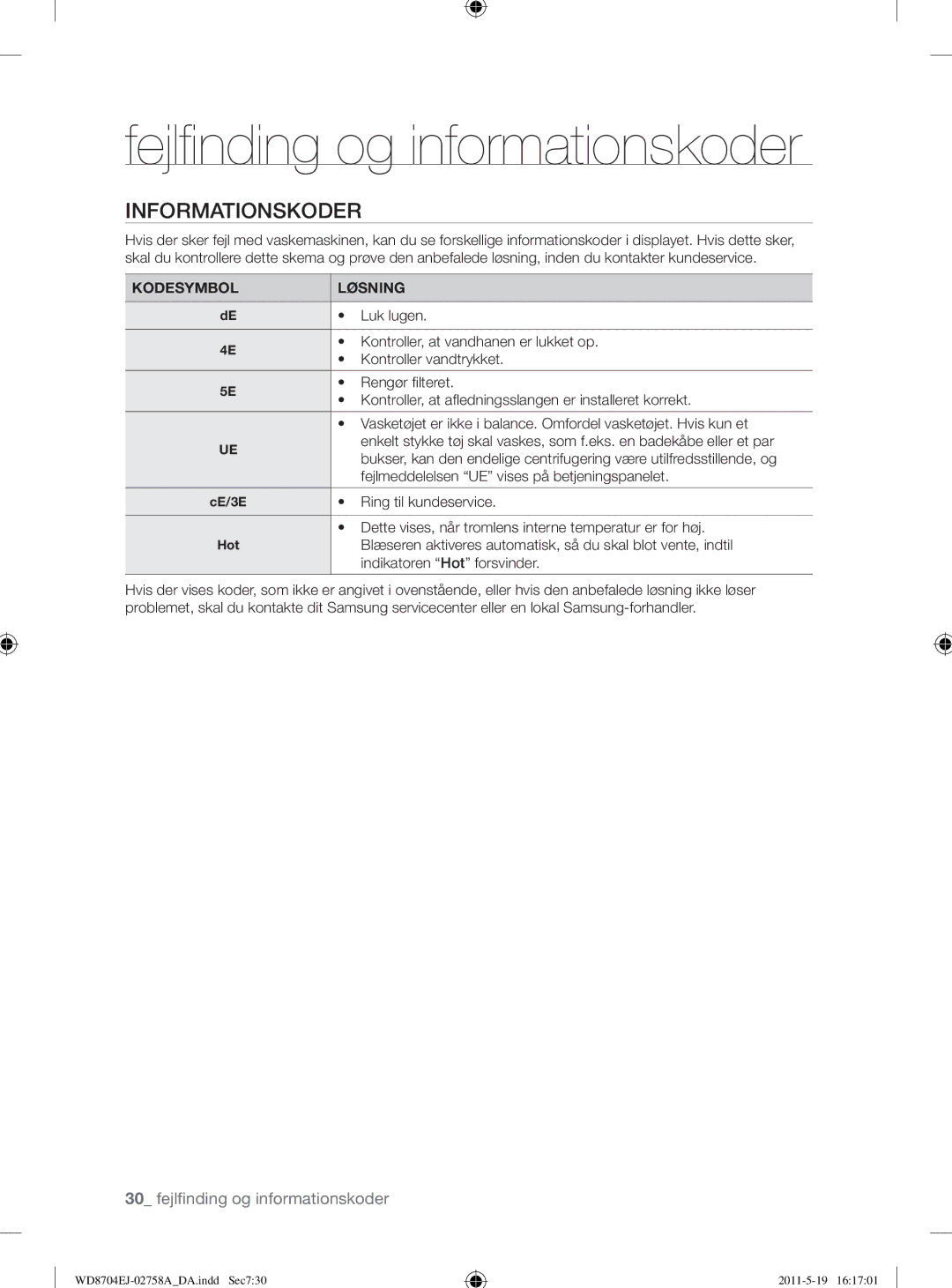 Samsung WD8704EJA/XEE manual Fejlﬁ nding og informationskoder, Informationskoder, Kodesymbol Løsning 