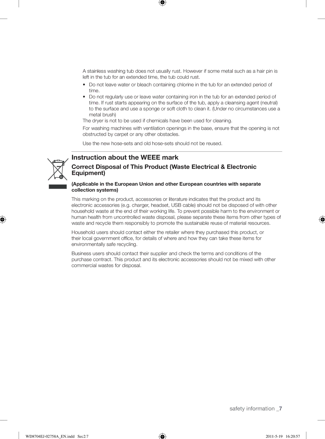 Samsung WD8704EJA/XEE manual Instruction about the Weee mark 