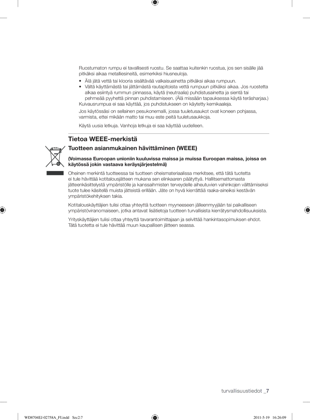 Samsung WD8704EJA/XEE manual Tietoa WEEE-merkistä 