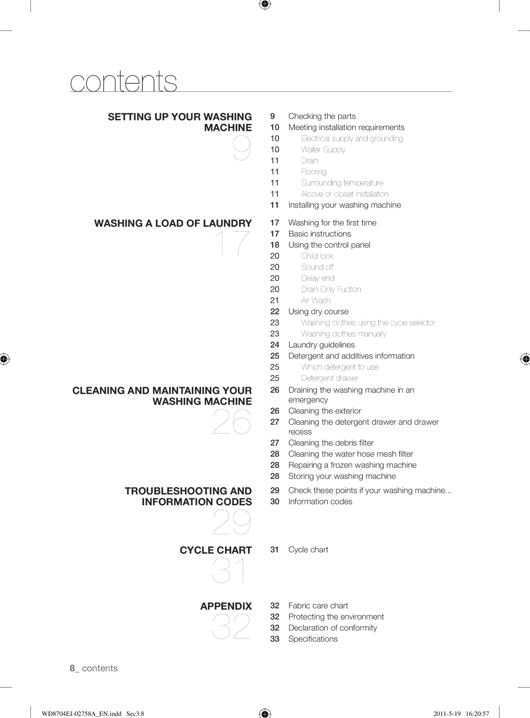 Samsung WD8704EJA/XEE manual Contents 